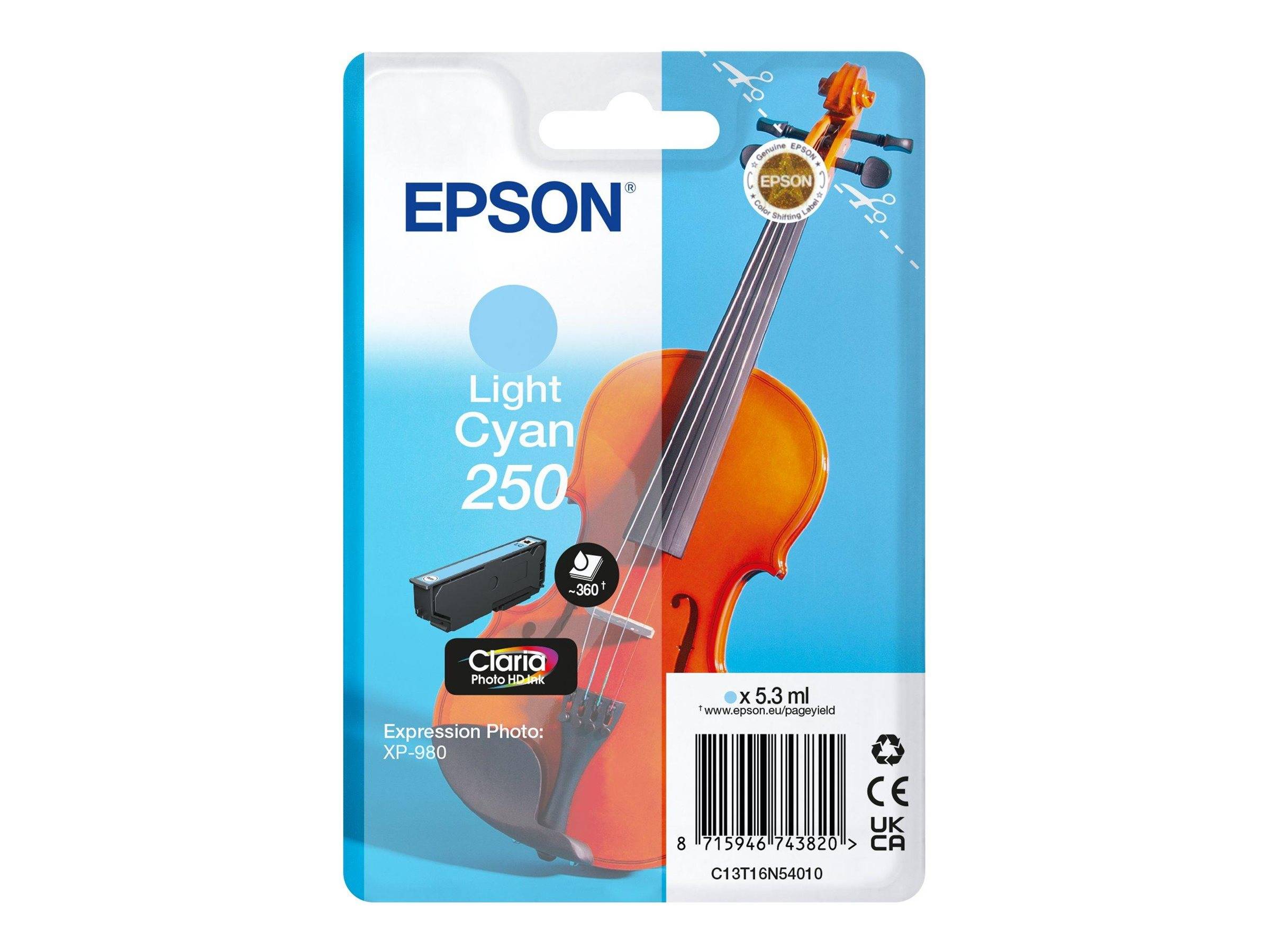 Epson Light Cyan 250 Tintenpatrone für Claria Fotodrucker, mit Violinen-Grafik und Kompatibilität für Expression Photo XP-860.