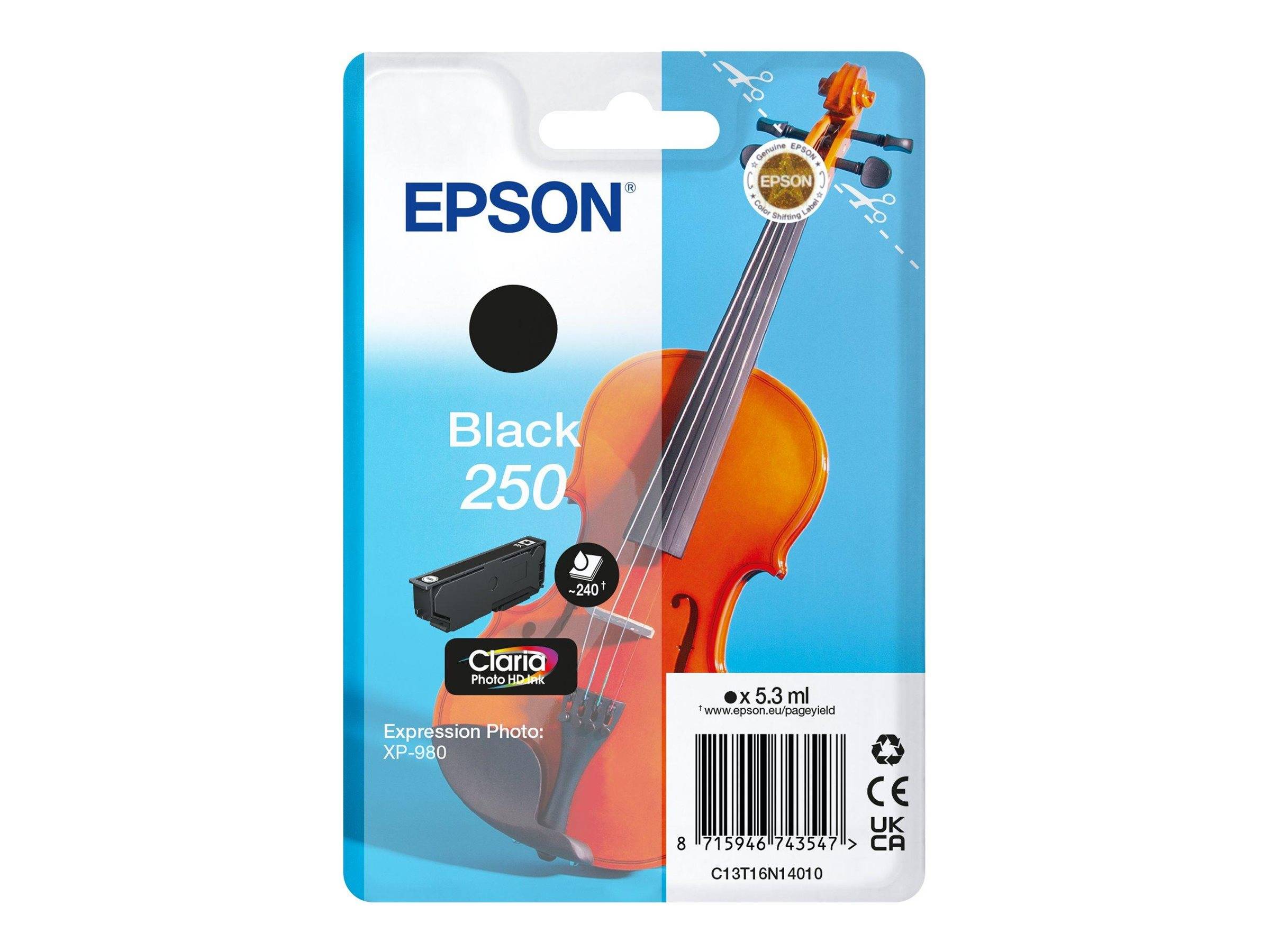 Epson Schwarz 250 Claria Fototinte Patrone für Expression Photo XP-880 Drucker, mit Violinen-Abbildung und 5,3 ml Tintenvolumen.