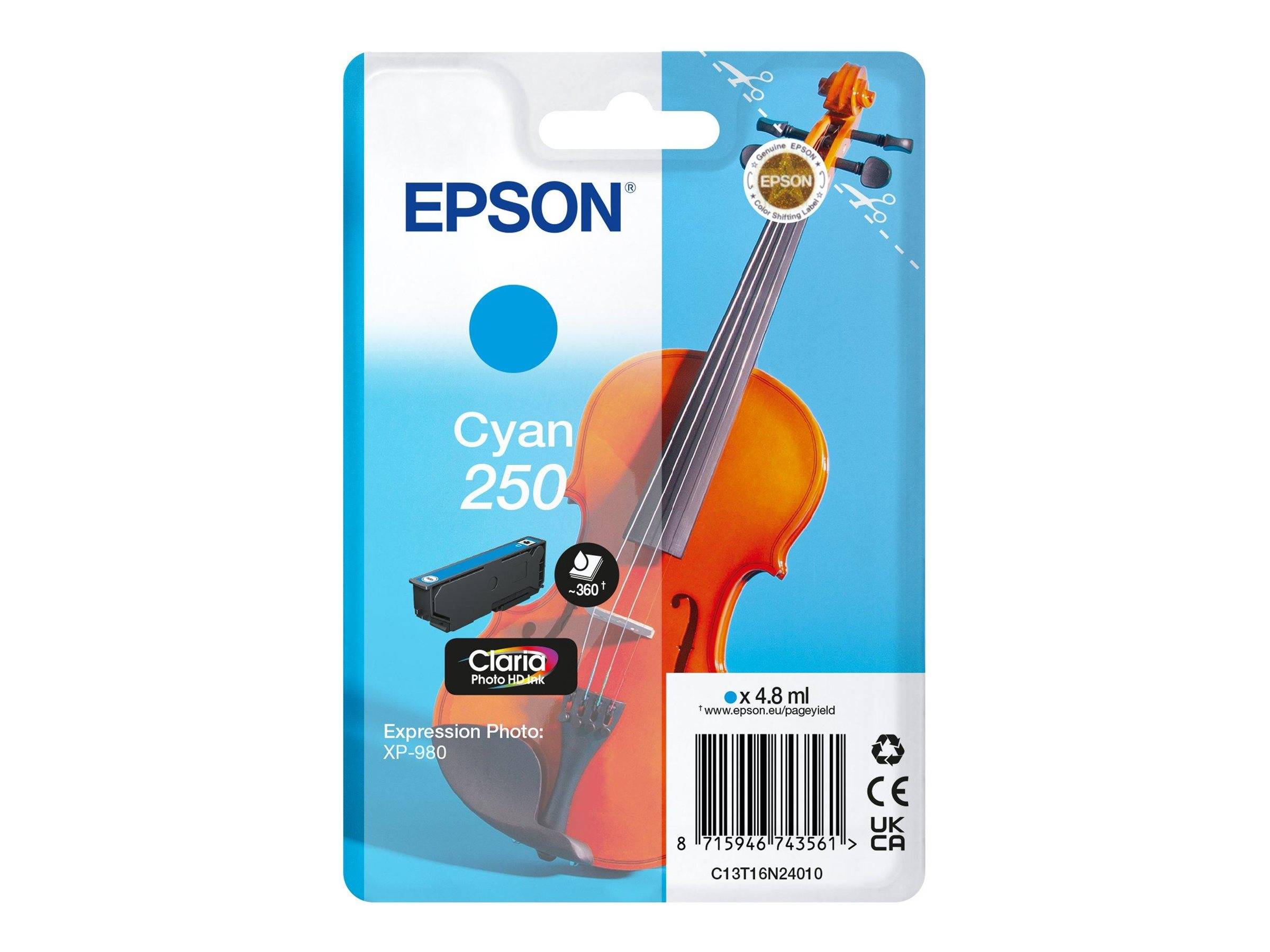 Epson Cyan 250 Claria Tintenpatrone für Expression Photo XP-980, 4,8 ml, auf der Vorderseite mit einem Violinen-Bild dargestellt.