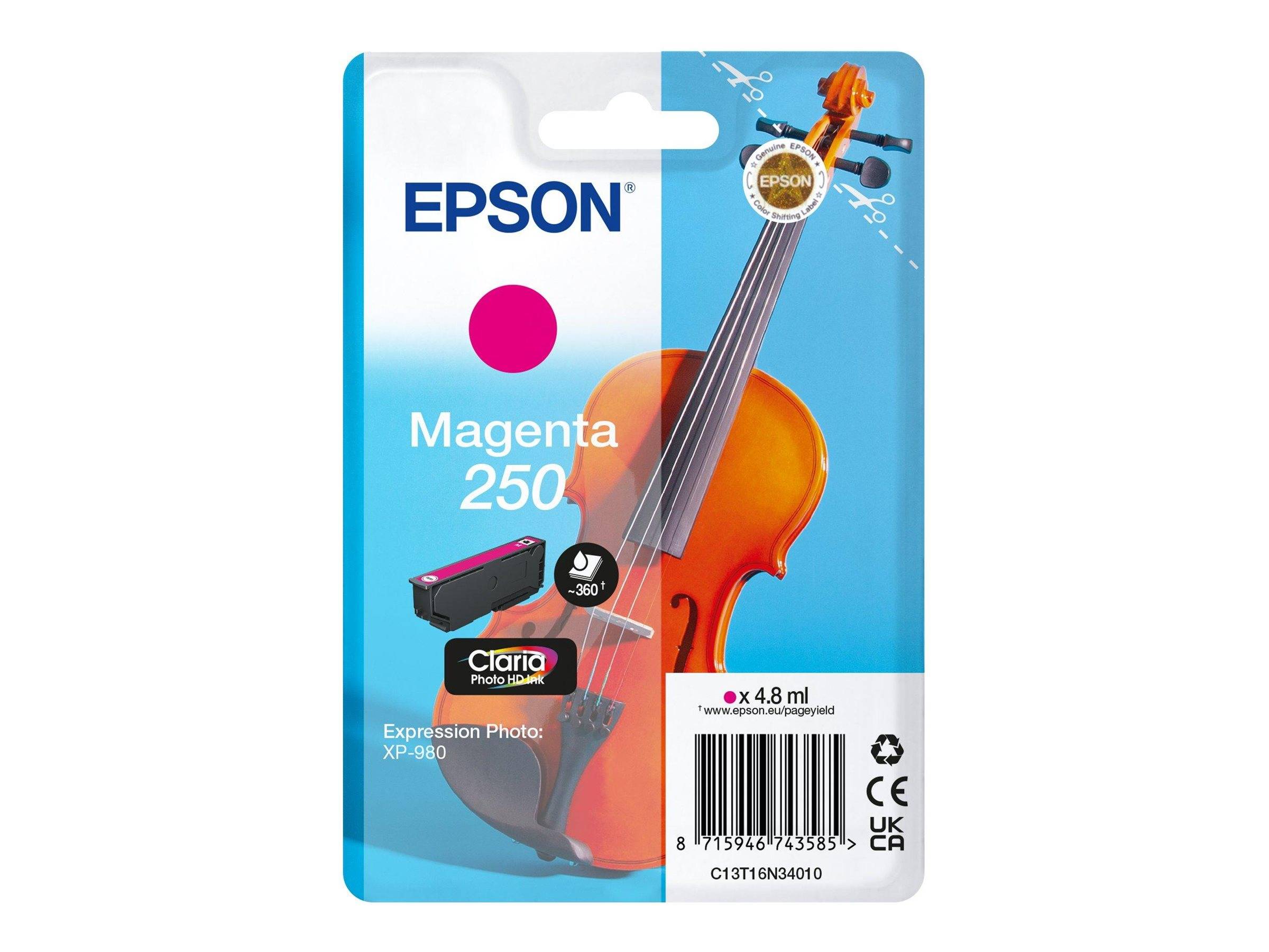 Epson Magenta 250 Tintenpatrone für Claria Photo HD, kompatibel mit Expression Photo XP-980, 4,8 ml, abgebildet mit Violinenillustration.