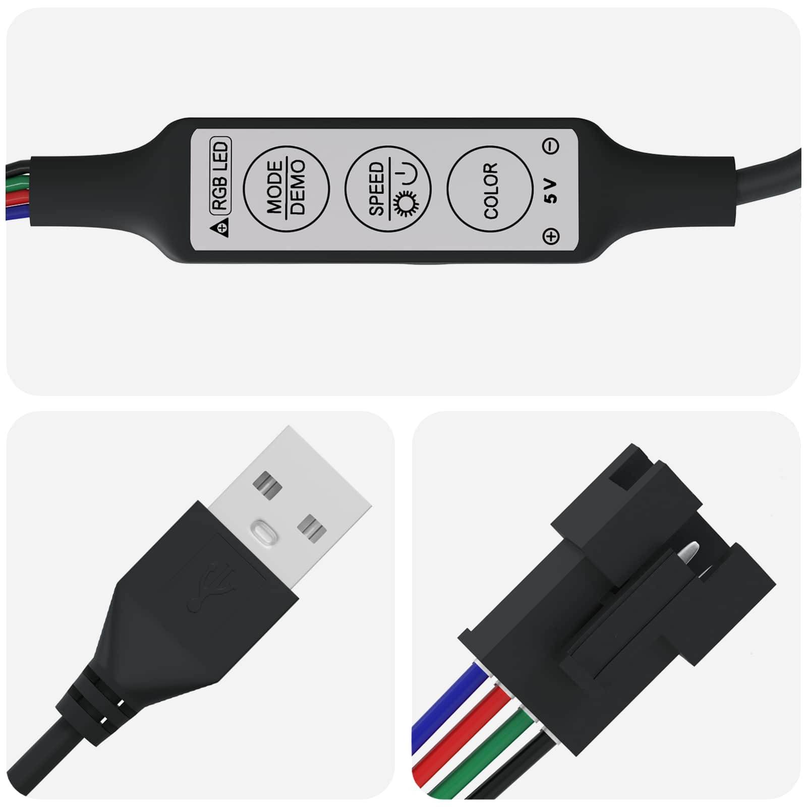 Bild eines RGB-LED-Controllers mit Tasten für Modus, Geschwindigkeit und Farbe. Enthält USB-Anschluss und Details zu 4-poligem Draht.