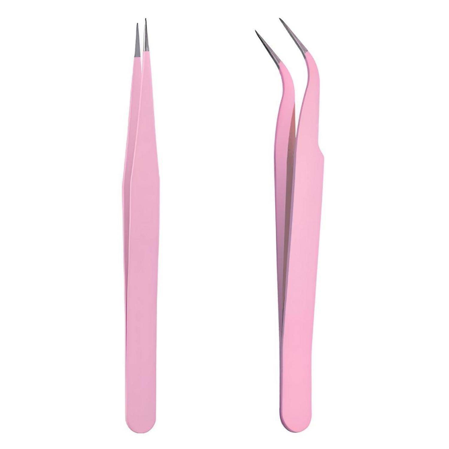 Pinzette Set Gerade Gebogen Edelstahl Augenbrauen Wimpern Haare Rosa