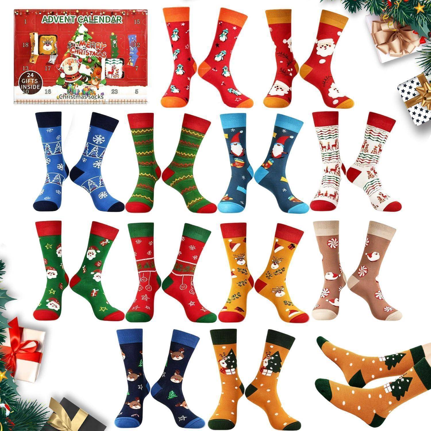 Socken 2025 Adventskalender 12 Paar bunt Weihnachtsmotive Frauen 39-42