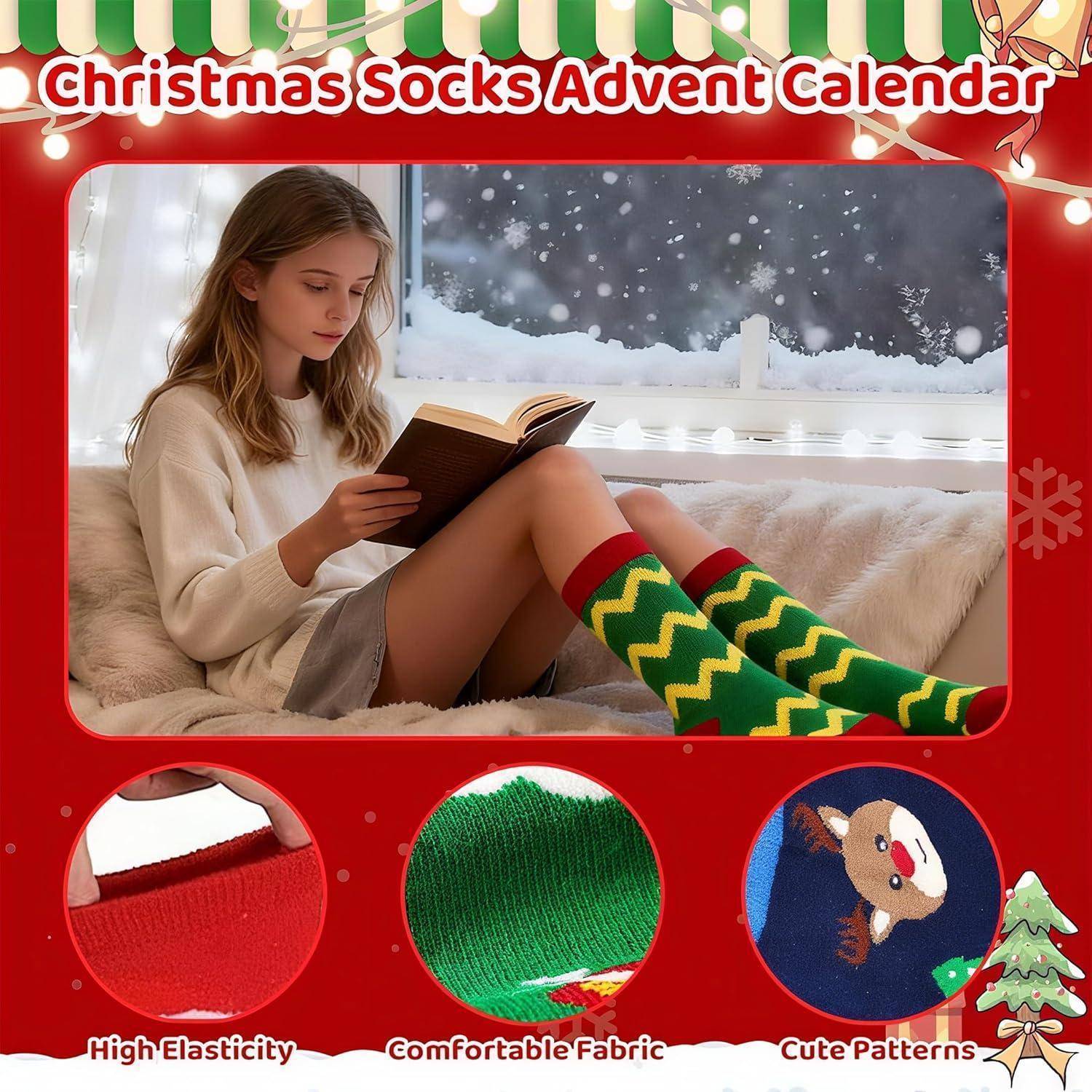 Socken 2025 Adventskalender 12 Paar bunt Weihnachtsmotive Frauen 39-42