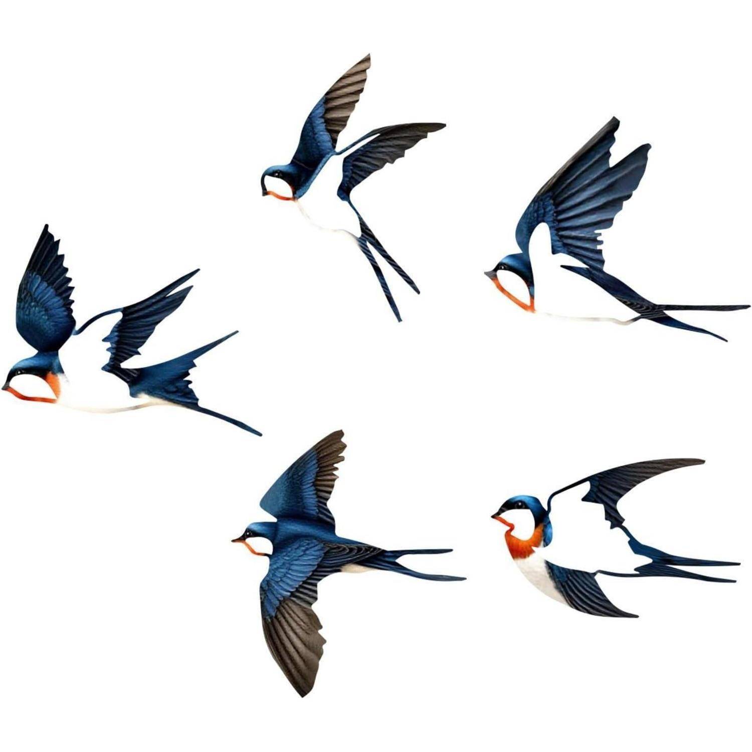 Fünf Schwalben mit blauen Federn und orange Kehlen, mittendrin im Flug eingefangen, jede in einer anderen Pose, vor weißem Hintergrund.