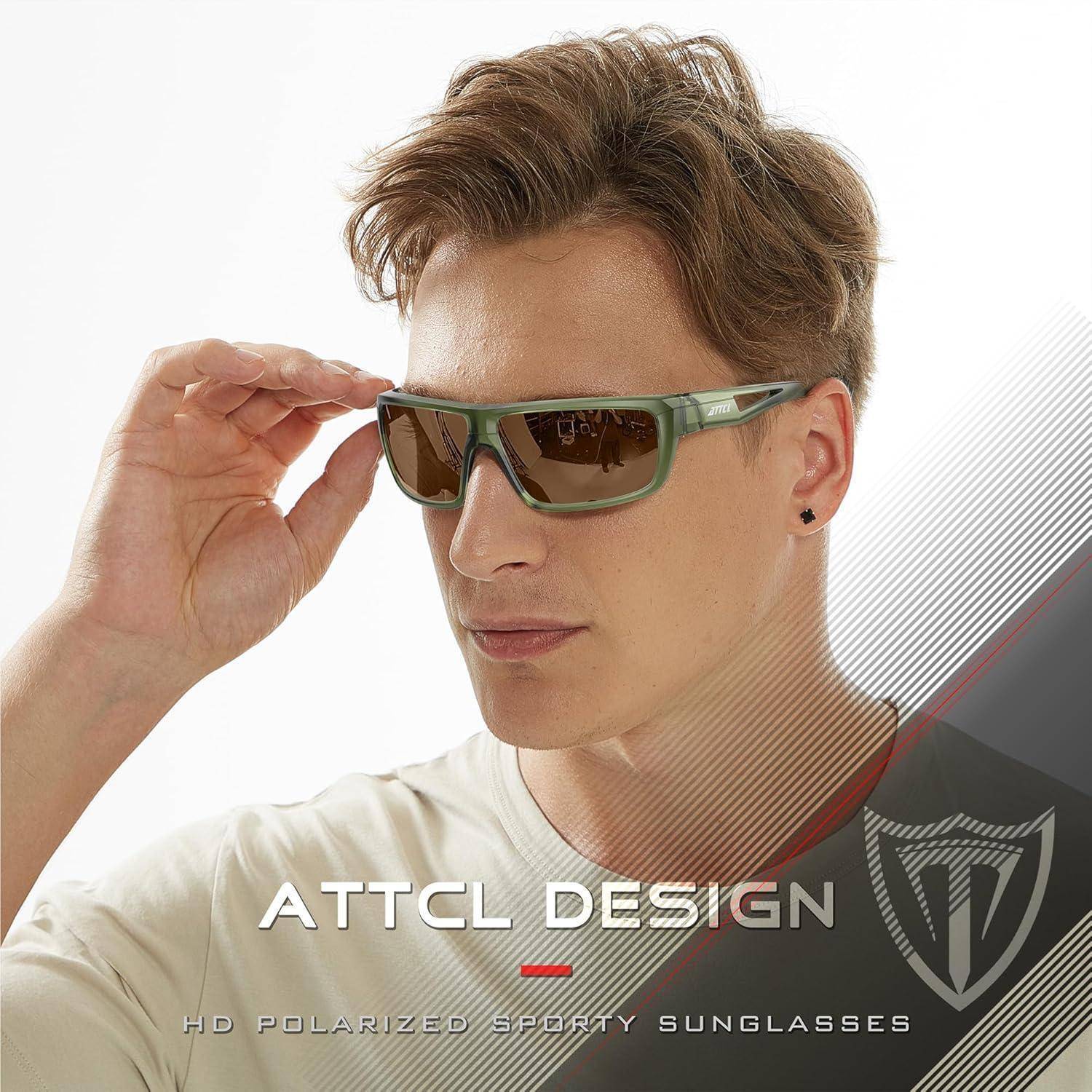 Eine Person, die polarisierte sportliche Sonnenbrillen trägt, dargestellt mit dem Text „ATTCL Design HD polarisierte sportliche Sonnenbrillen