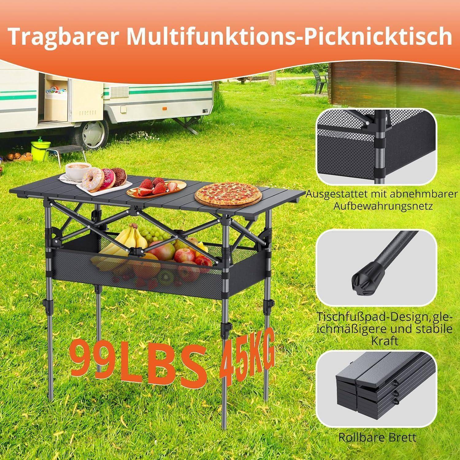 Tragbarer multifunktionaler Picknicktisch mit abnehmbarem Stauraum und Rollbrett, trägt bis zu 45 kg/99 lbs, im Freien dargestellt.