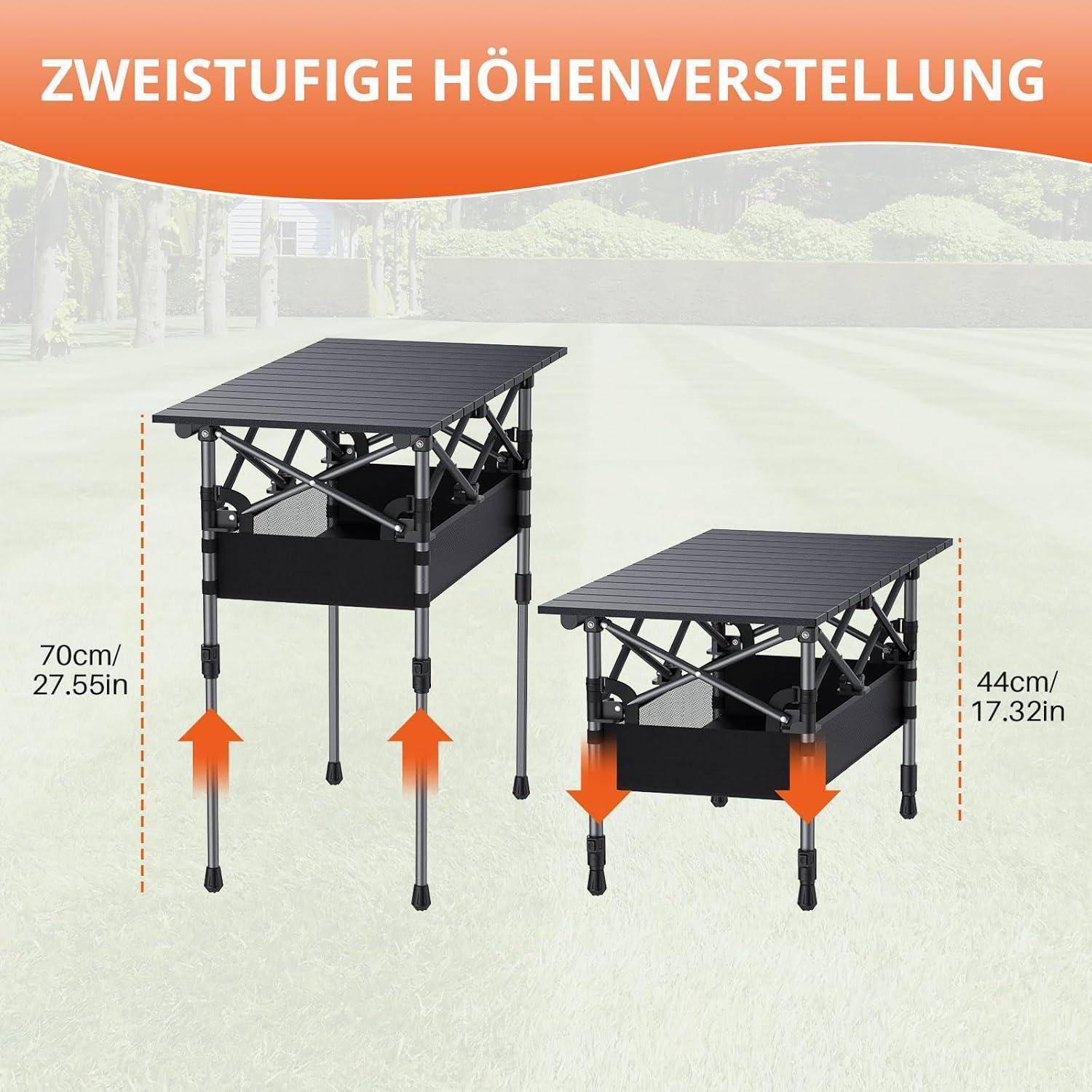Zweistufige Höhenverstellung' höhenverstellbarer Tisch, dargestellt in zwei Höhen: 70 cm (27,55 Zoll) und 44 cm (17,32 Zoll), auf einem Hintergrund aus Grünfläche.
