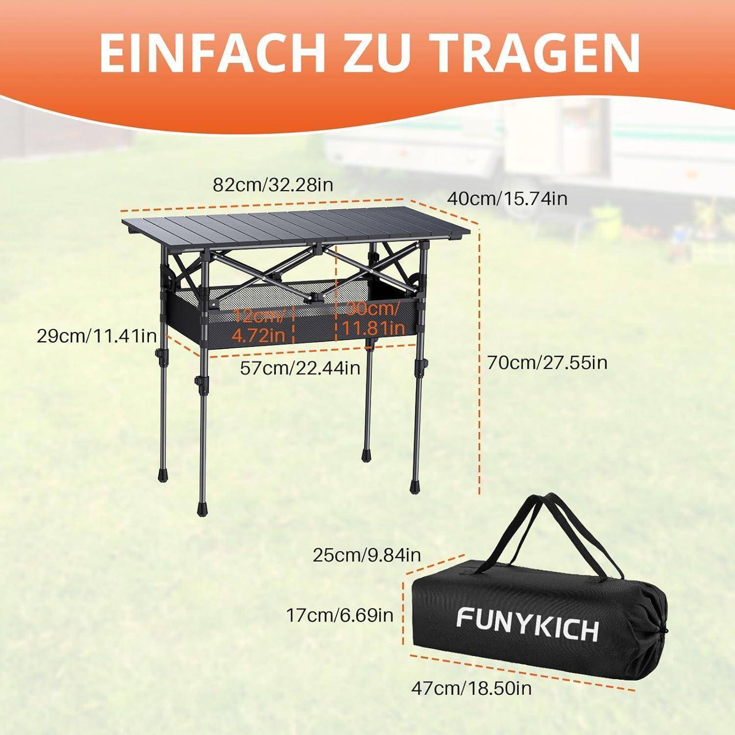 Ein klappbarer Tisch mit folgenden Abmessungen: 82cm/32,28in x 40cm/15,74in Oberfläche, 57cm/22,44in Beine, gezeigt mit einer Tragetasche mit der Bezeichnung „FUNKYICH