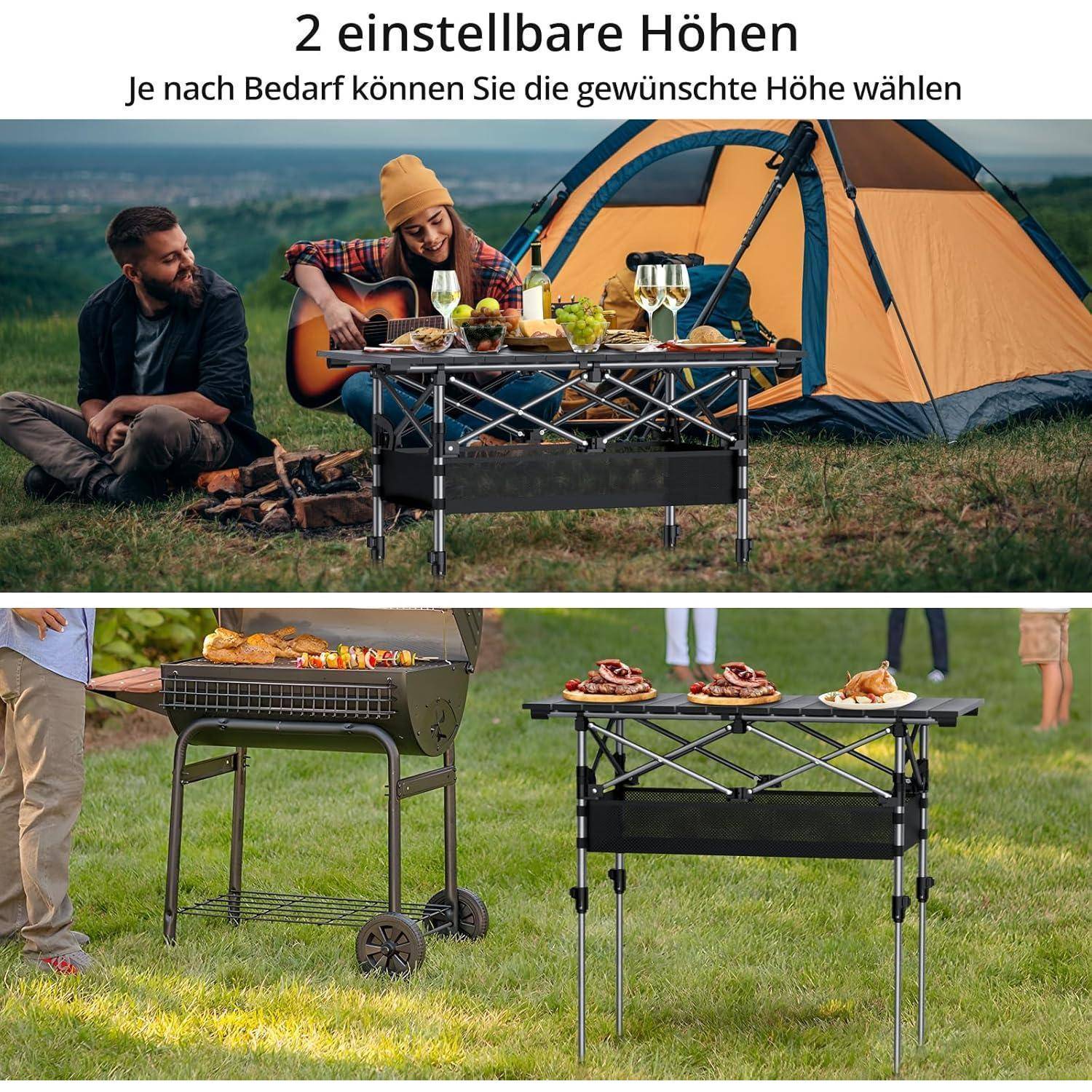 Outdoor-Szenerie mit zwei Personen, die an einem Picknicktisch neben einem Zelt sitzen. In der Nähe sind ein Grill und ein Tisch mit verstellbarer Höhe zu sehen.