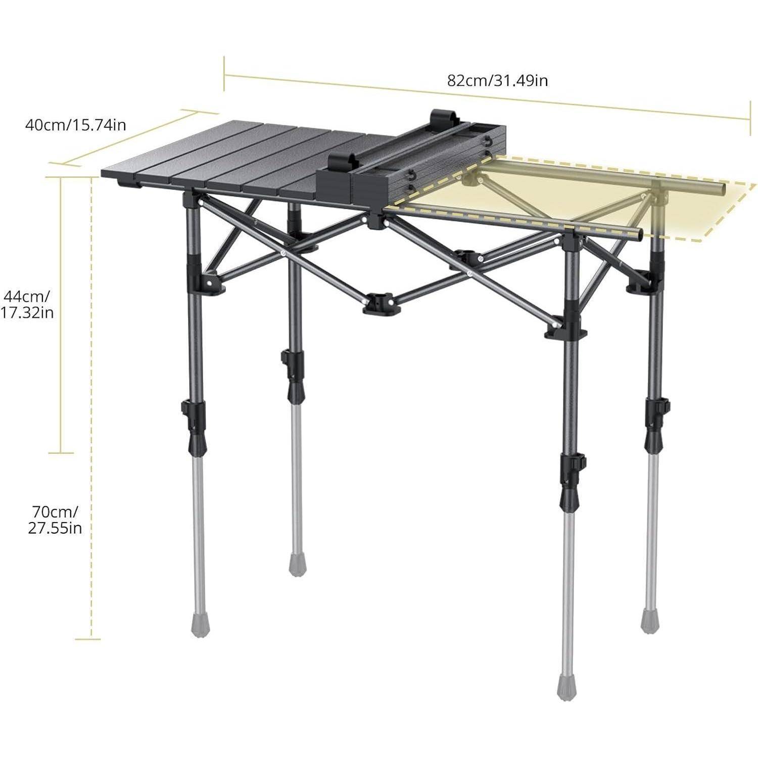 Ein zusammenklappbarer Campingtisch mit den Abmessungen: 82cm/31,49in Länge, 40cm/15,74in Breite und verstellbarer Höhe von 44cm/17,32in bis 70cm/27,55in.