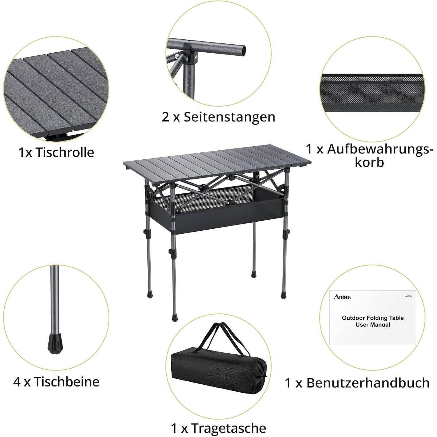 Zusammenklappbarer Outdoor-Tisch mit beschrifteten Teilen: 1x Tischplatte, 2x Seitenstangen, 1x Aufbewahrungskorb, 4x Beine, 1x Transporttasche, 1x Benutzerhandbuch.