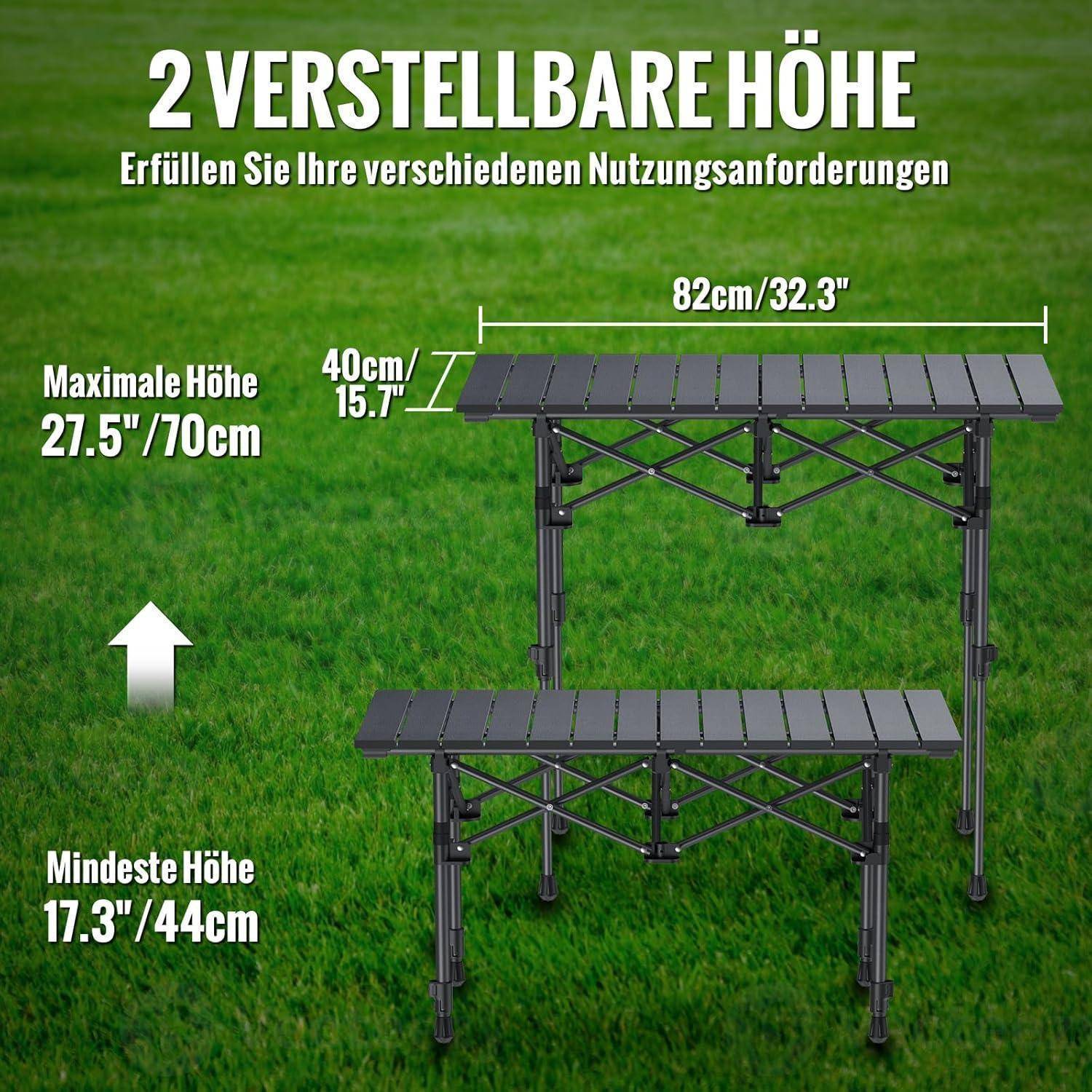 Zwei Tische mit verstellbarer Höhe und Abmessungen: 82 cm/32,3 Zoll lang, Höhenbereich von 44 cm/17,3 Zoll bis 70 cm/27,5 Zoll.