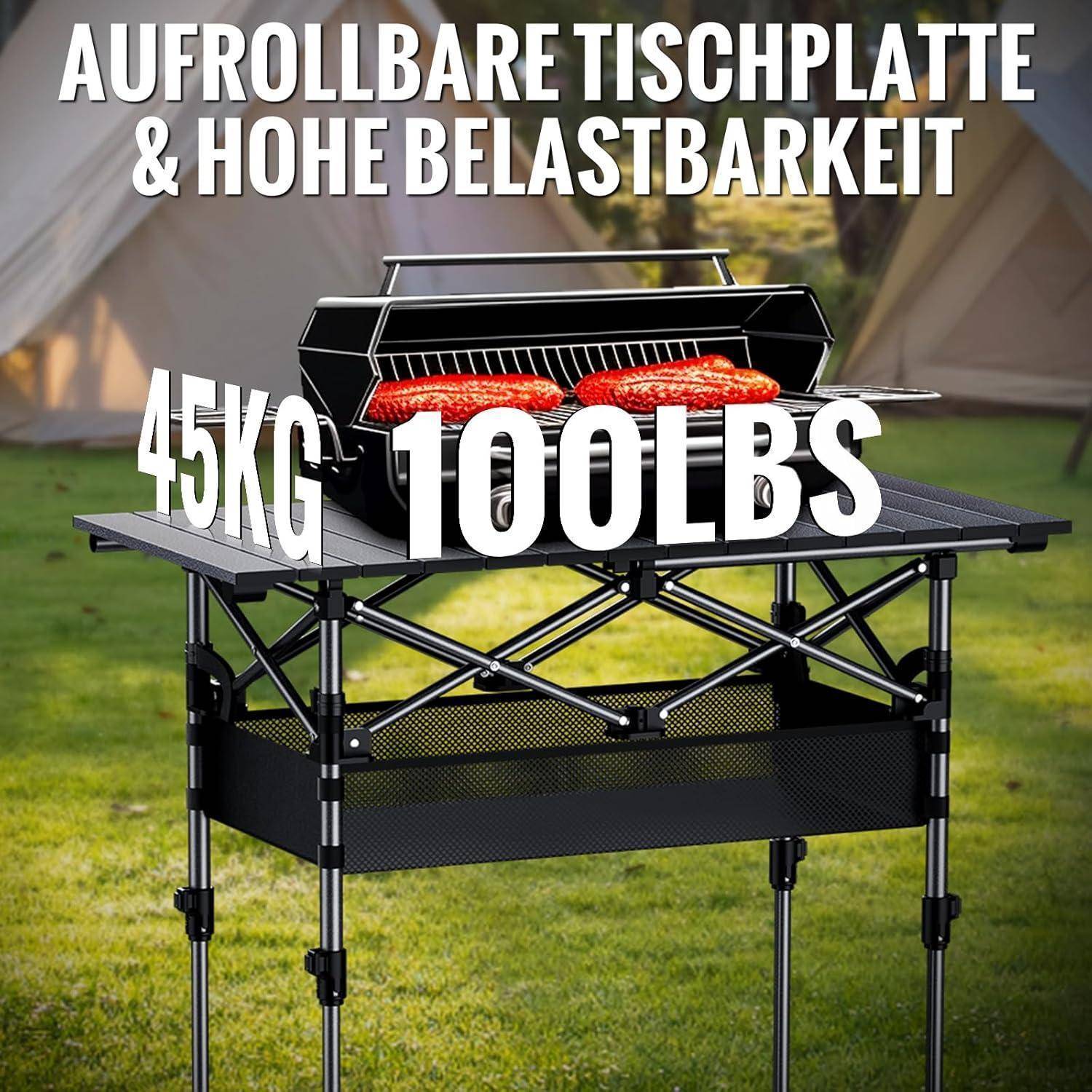 Eine tragbare Klapptisch hält einen Grill mit Fleisch. Der Text lautet „Aufrollbare Tischplatte & hohe Belastbarkeit 45KG 100LBS