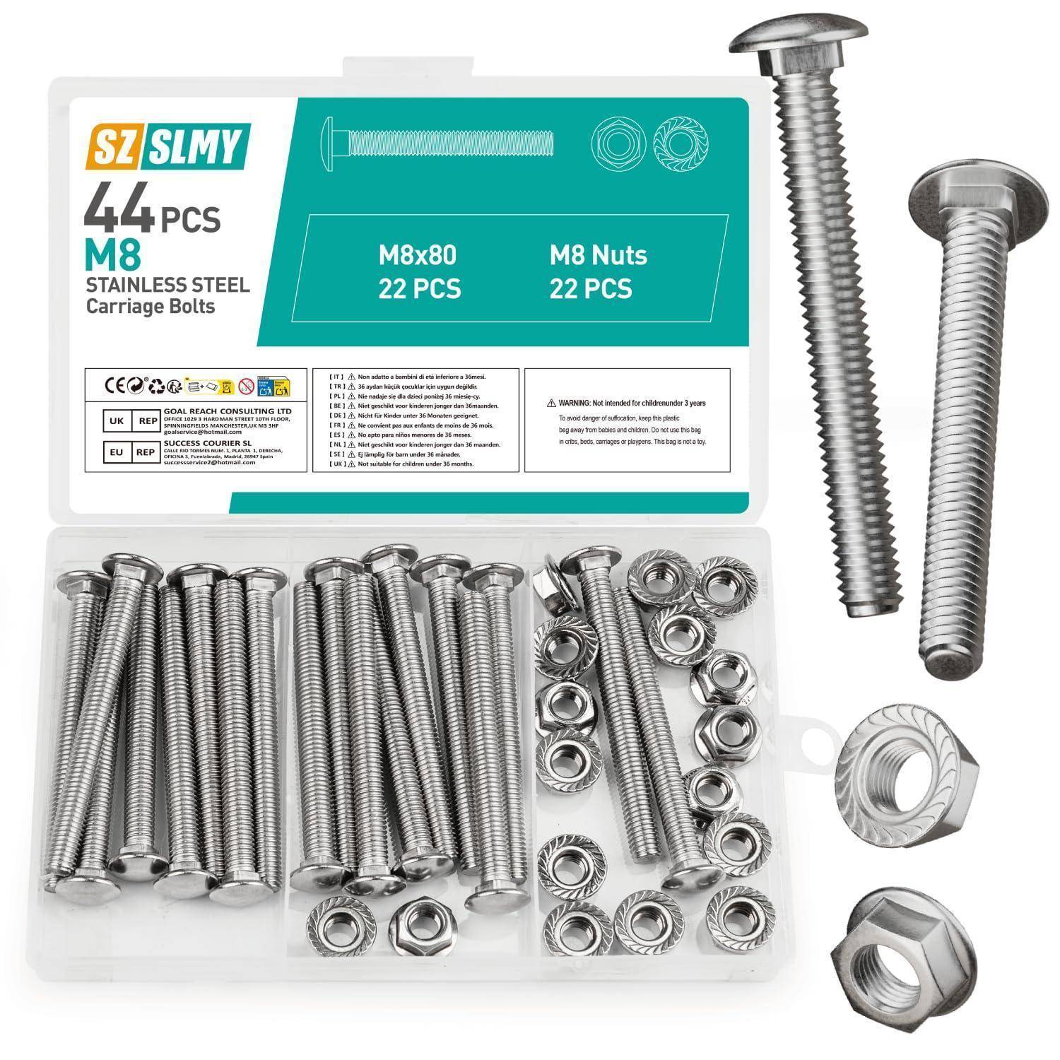 44 teiliger Satz M8 Edelstahl-Kutschenschrauben einschließlich 22 M8x80 Schrauben und 22 M8 Muttern, in einem Kunststoffkoffer mit Deckel verpackt.