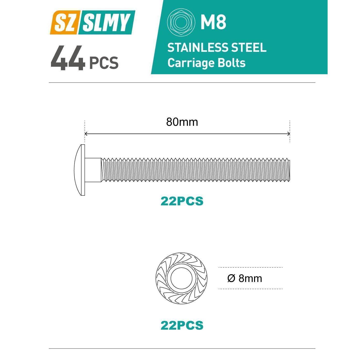 44 Stück Edelstahl-Kutschenschrauben M8, 80mm Länge, 22 Stück abgebildet.