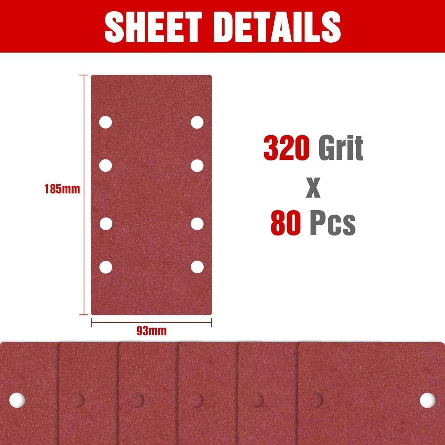 Schleifpapierblattzdetails': Ein rotes Schleifpapiertuch mit 320er Körnung, 185 mm x 93 mm, mit 8 gleichmäßig verteilten Löchern. Enthält 80 Stück pro Packung.