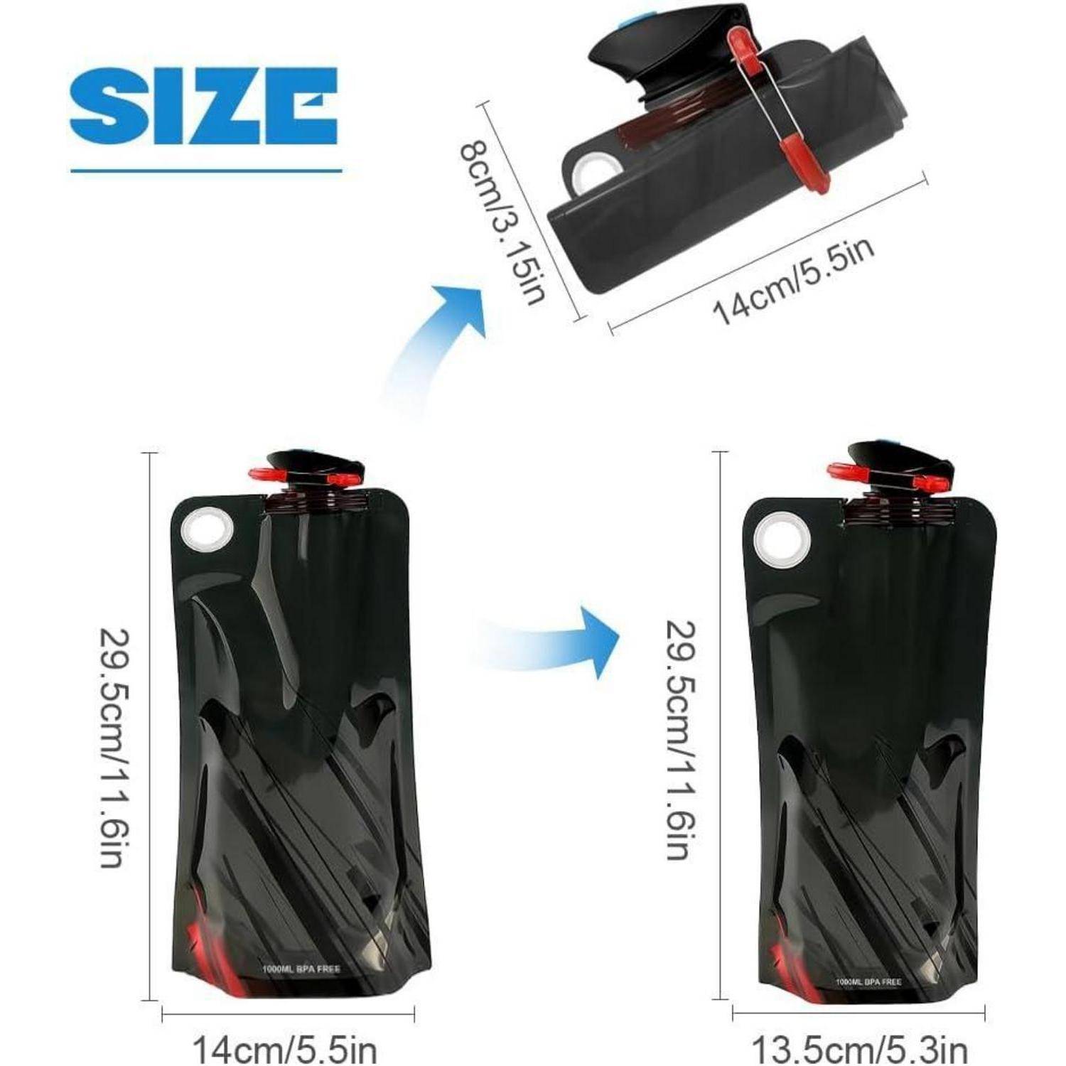 Drei zusammenlegbare Wasserbeutel in Schwarz und Rot, jeweils mit den angegebenen Abmessungen. Der obere Beutel ist 8 cm mal 14 cm. Die unteren Beutel sind 14 cm und 13,5 cm breit.