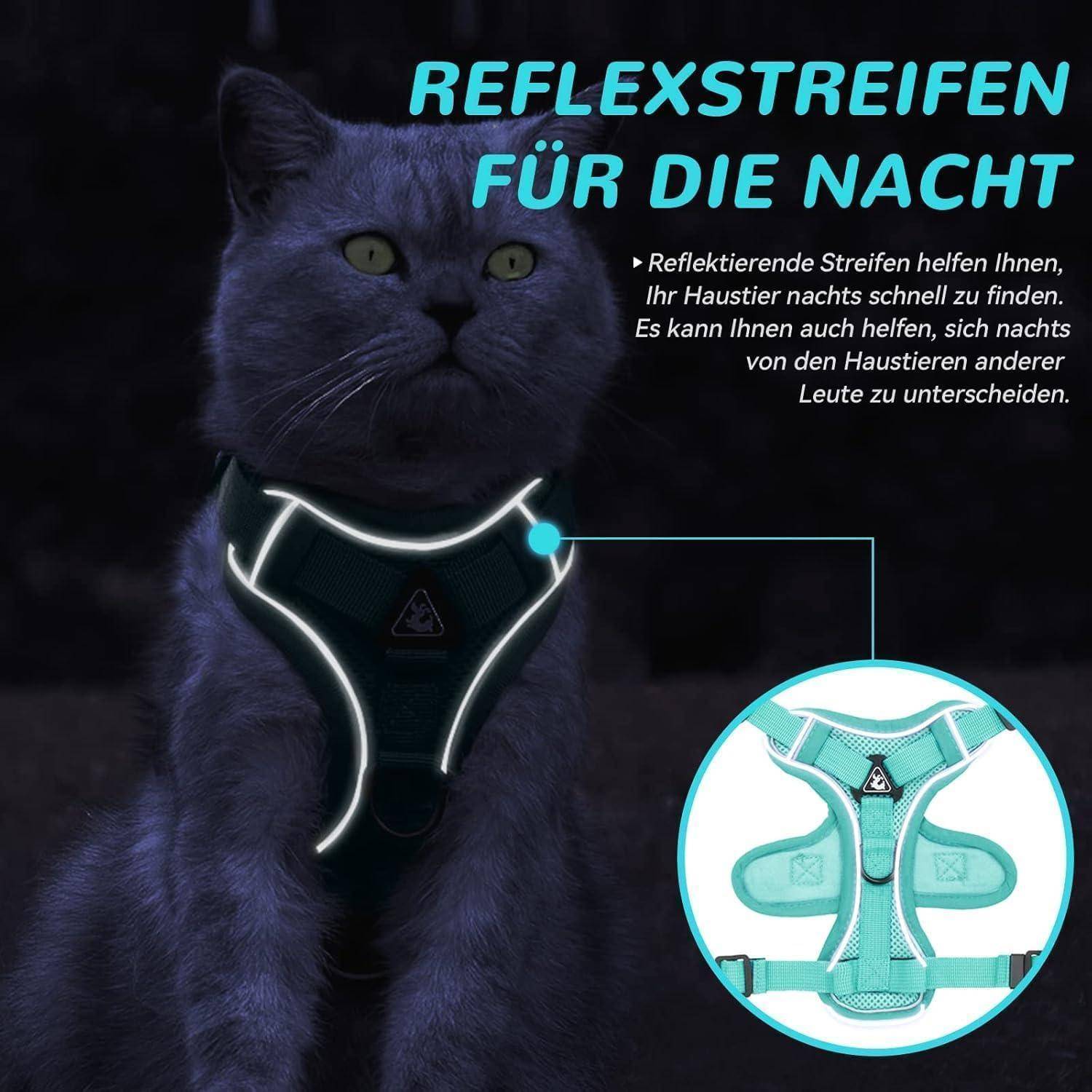 Eine Katze, die nachts ein Geschirr mit reflektierenden Streifen trägt, wird gezeigt. Der Text hebt den Vorteil der Reflektivität für einfache Sichtbarkeit hervor.