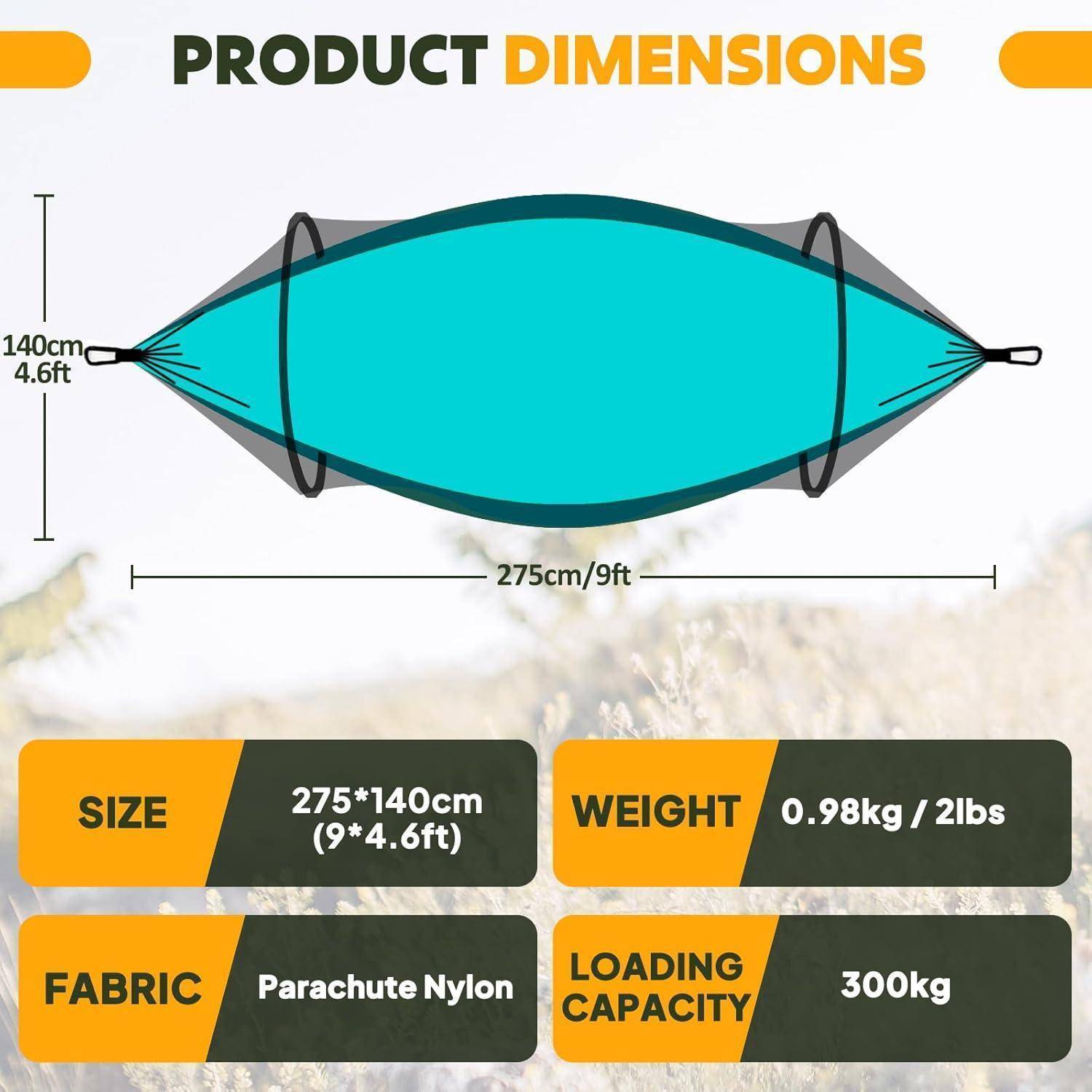 Das Bild zeigt ein Produktmaßdiagramm für eine Hängematte. Sie misst 275x140 cm, wiegt 0,98 kg, besteht aus Fallschirmnylon und hat eine Tragfähigkeit von 300 kg.