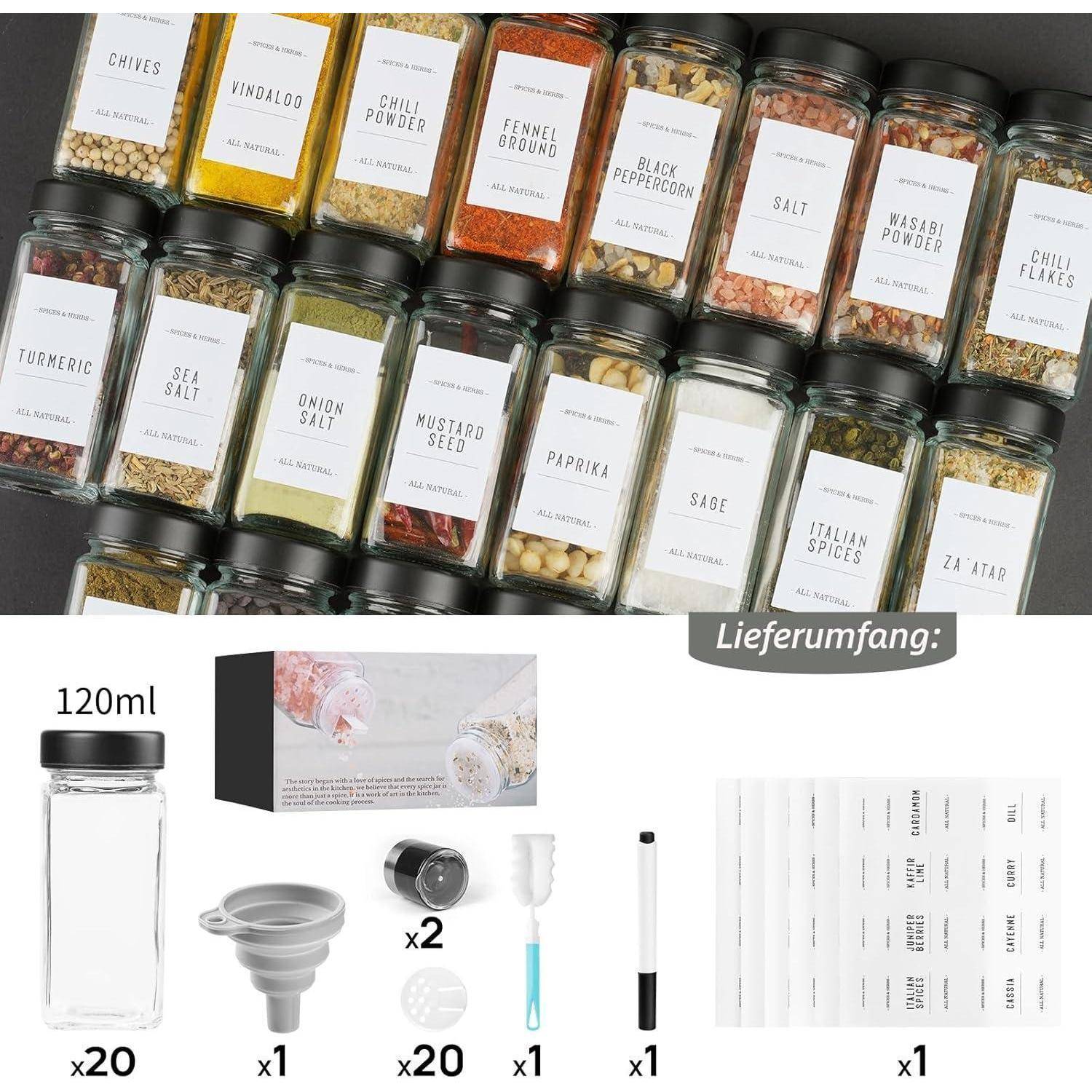 Gewürzgläser Eckig 20er 120ml Edelstahldeckel Etiketten 20er-eckig