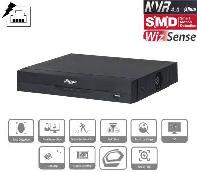 Ein schwarzes Dahua-DVR-Gerät mit Netzwerkanschlussabbildern und Logos für Wiz Sense, SMD und verschiedene Sicherheitsfunktionen wie Gesichtserkennung und Einbruchsprävention.