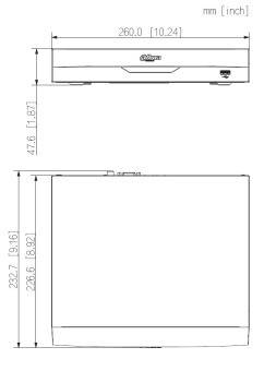 Technische Zeichnung eines kompakten Kühlschranks, Vorder- und Seitenansicht, mit Abmessungen: Höhe 47,6 cm, Breite 47 cm, Tiefe 50,4 cm.