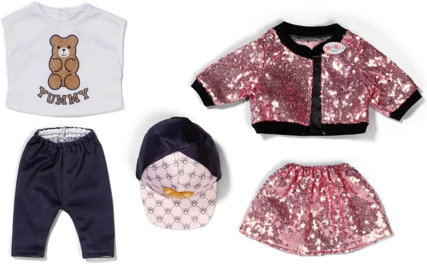 Ein Kinderoutfit-Set mit einer rosa Paillettenjacke, einem passenden Rock, einer dunkelblauen Hose, einem weißen Hemd und einer Mütze mit gemustertem Design.
