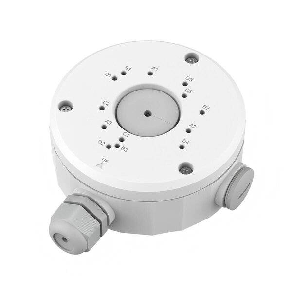 Weiße kreisförmige elektrische Verteilerdose mit beschrifteten Drahteintrittslöchern, seitlichen Kabelverschraubungen und einer zentralen Abdeckung auf weißem Hintergrund.