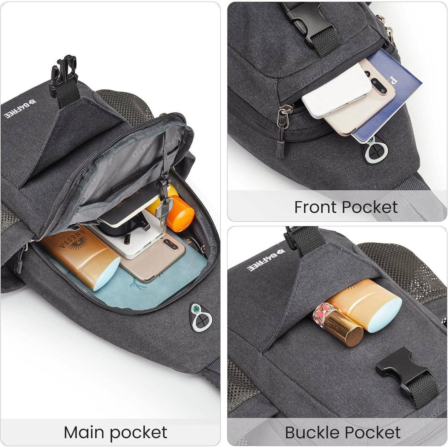 Ein Rucksack mit drei Taschen. Die Haupttasche enthält ein Telefon und einen blauen Beutel. Die Vordertasche enthält ein Telefon und eine Karte. Die Schnalltentasche enthält einen Lippenstift und eine Creme.