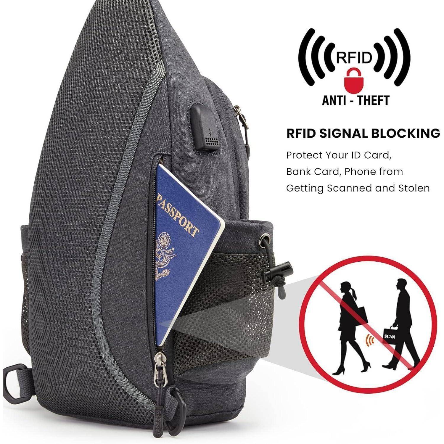 Ein grauer Diebstahlschutz-Rucksack mit RFID-Blockierungsfunktion verfügt über eine Tasche, die einen Reisepass hält. Das Symbol zeigt den Schutz vor elektronischem Diebstahl.