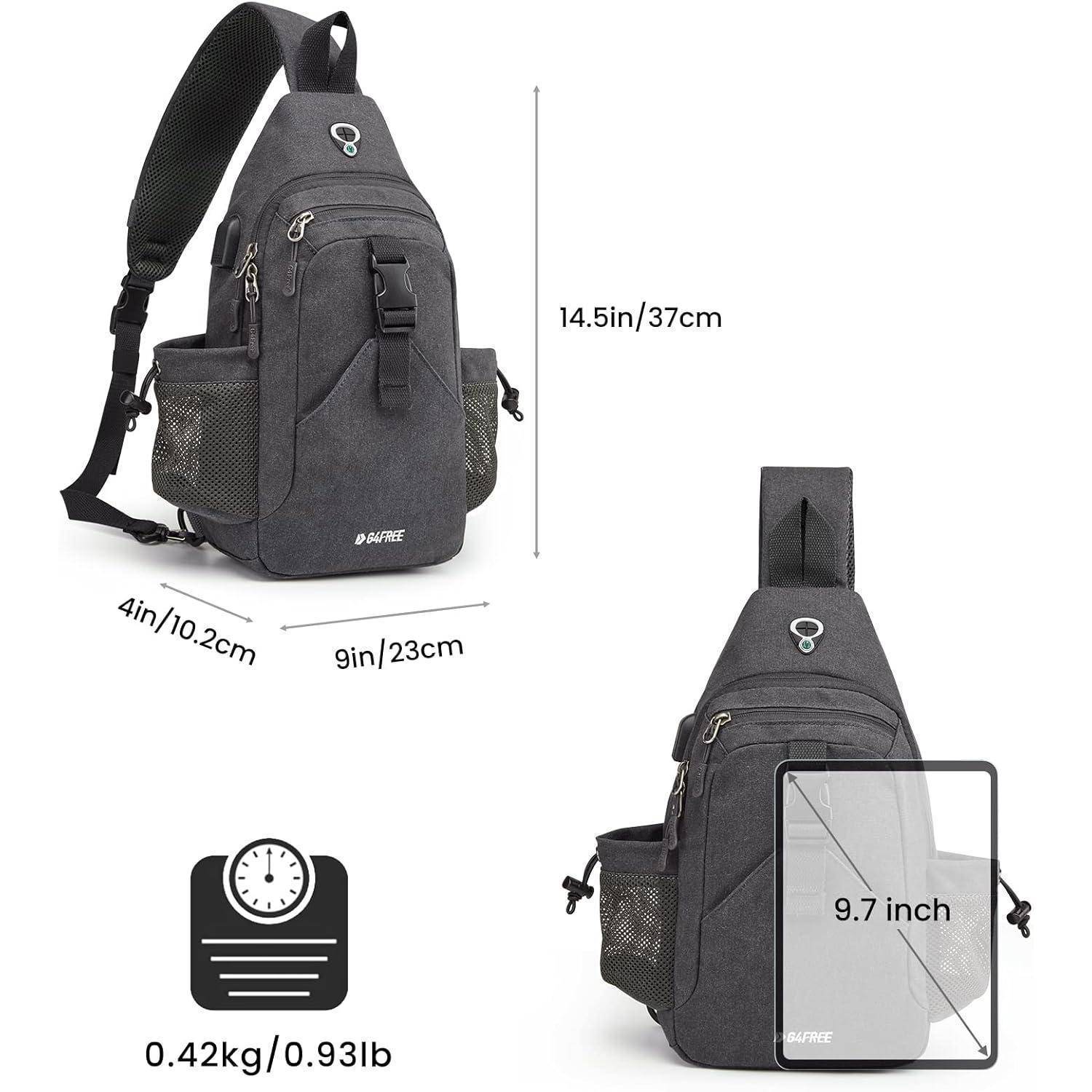 Ein schwarzer Umhängerucksack mit beschrifteten Abmessungen: 14,5 Zoll hoch, 9 Zoll breit und 4 Zoll tief. Er wiegt 0,42 kg oder 0,93 lb mit einer 9,7-Zoll-Tablet-Tasche.