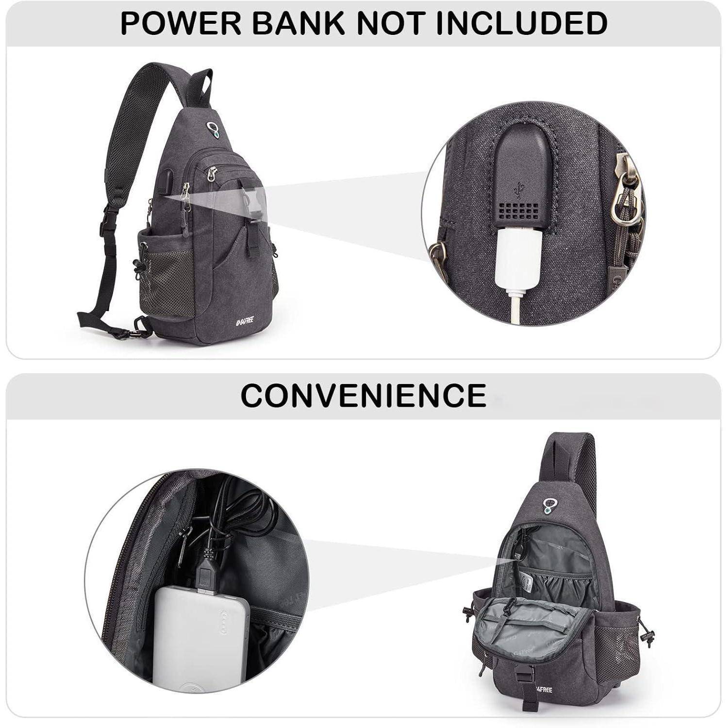 Ein schwarzer Rucksack mit USB-Ladeanschluss wird gezeigt. Im oberen Bereich steht „Powerbank nicht enthalten