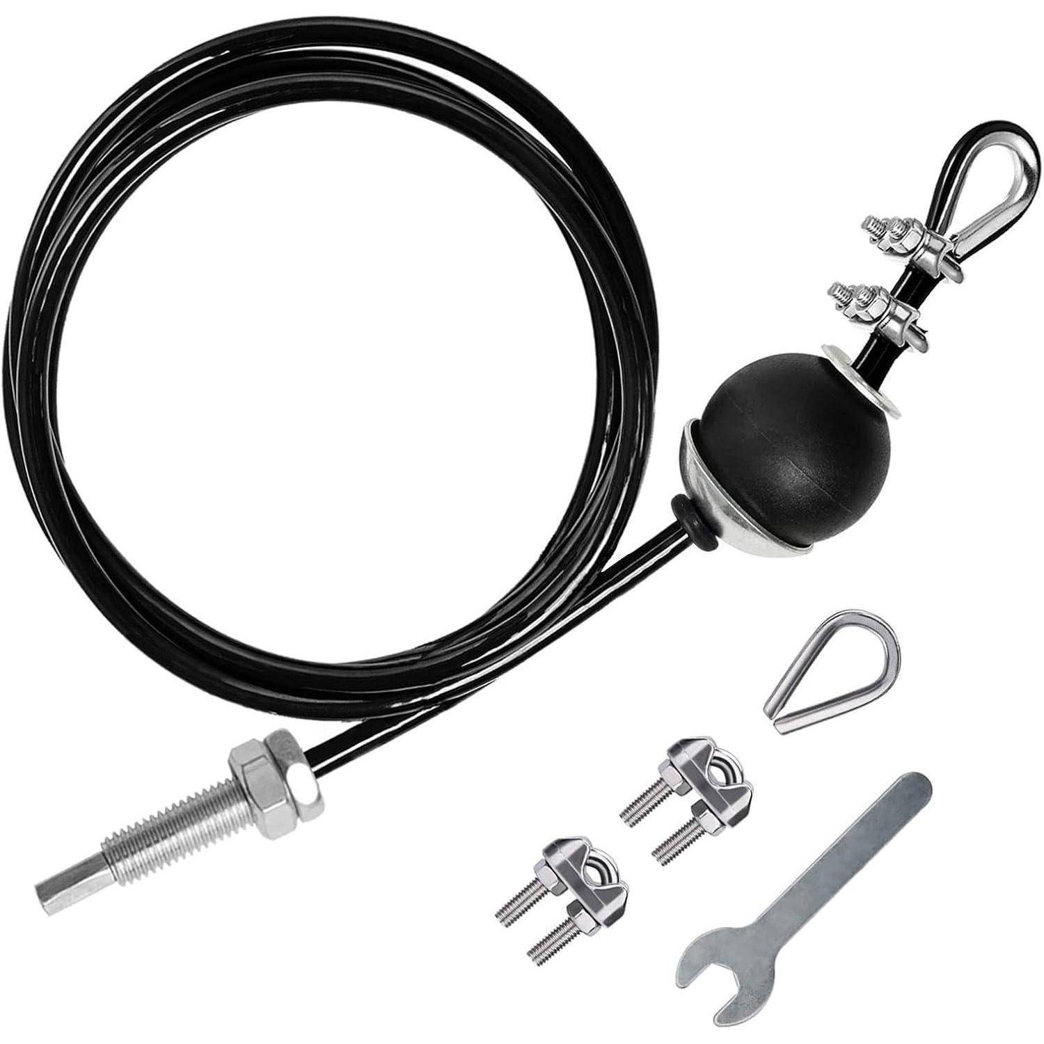 Ein Torriegel-Kabelset mit schwarzem Griff, Metallbeschlägen, Schrauben, einer Öse mit Grommet und einem kleinen Schraubenschlüssel, entwickelt für die Torinstallation.