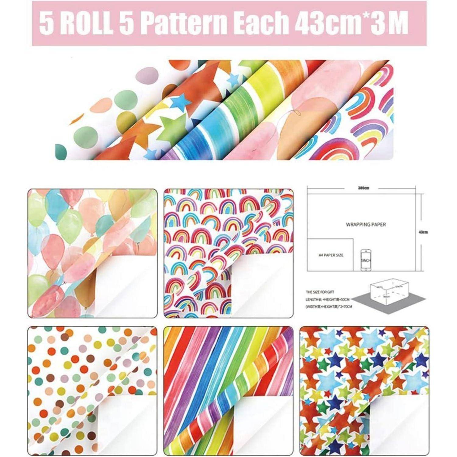 5er-Rollen Set mit Geschenkpapier im 5-Muster-Design, jeweils 43cm x 3m, mit Regenbogen-, Ballon-, Stern-, Streifen- und Herzmotiven.