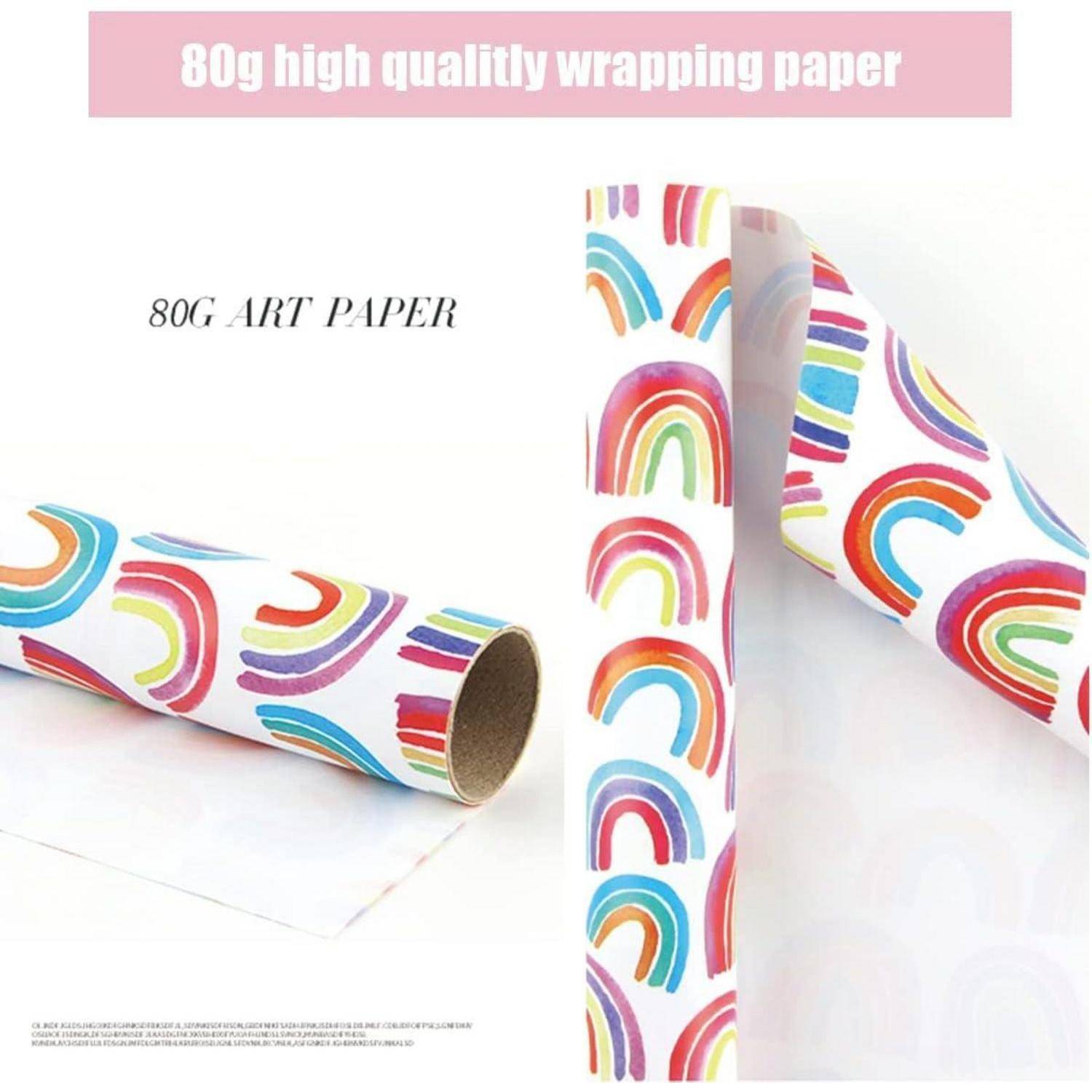 Rolle mit regenbogenmustertem Geschenkpapier, vertikal und horizontal angezeigt, gekennzeichnet als „80g hochwertiges Kunstpapier