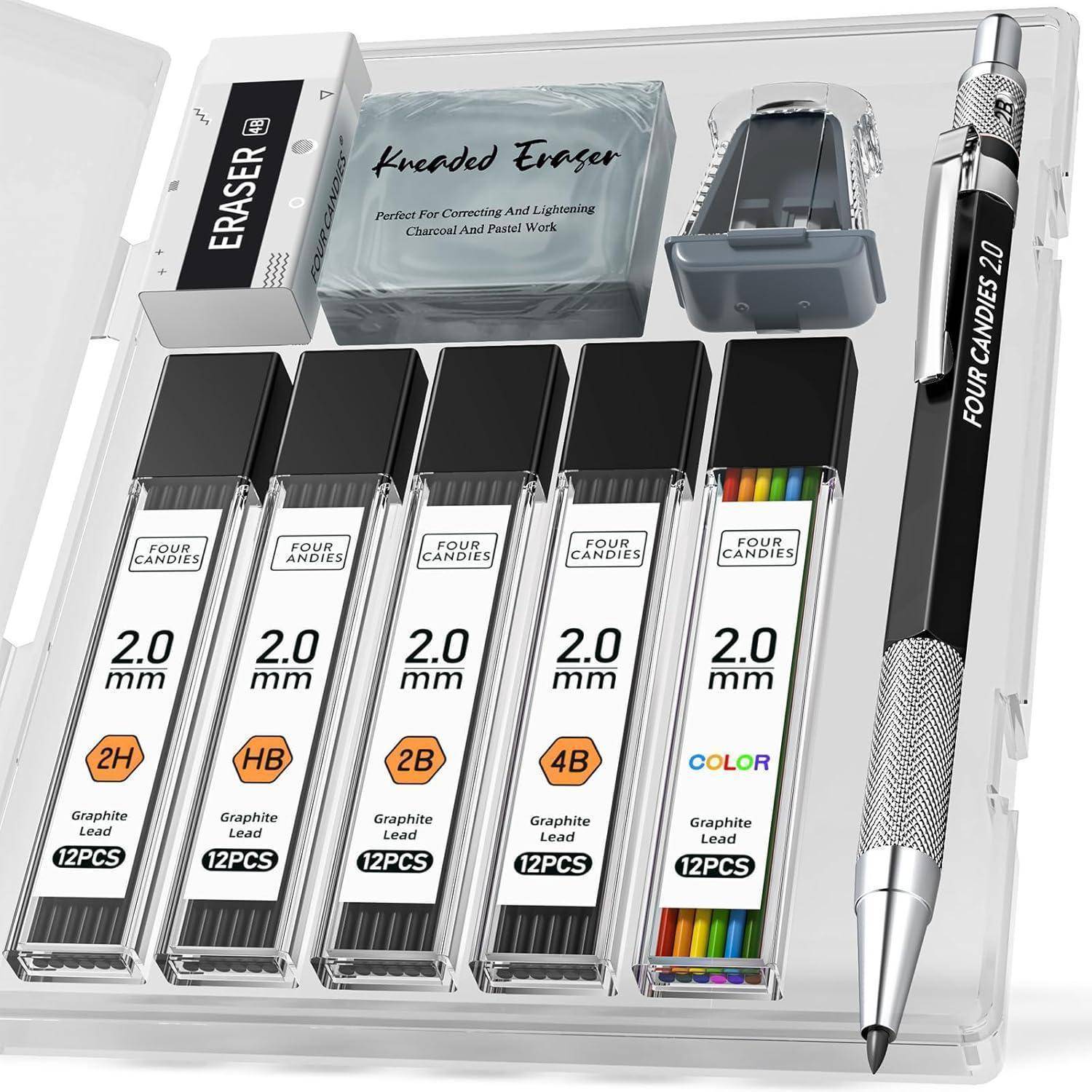 Ein klares Set mit Zeichenstiften mit unterschiedlichen Graphitminen (0,2 mm HB, 2B, 2H, 4B), farbigen Minen, zwei Radiergummis und einem Druckbleistift.