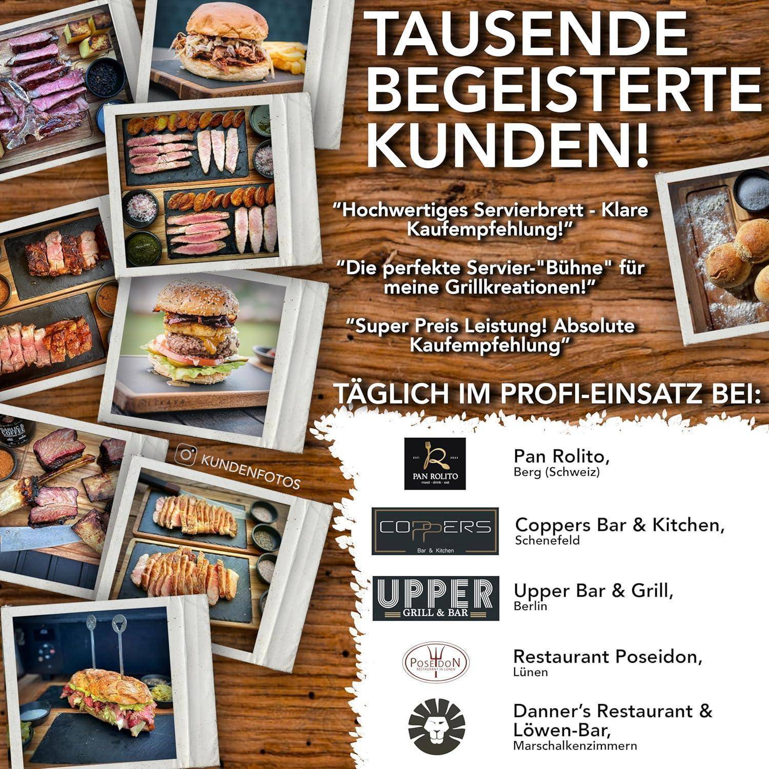 Eine Collage zeigt verschiedene Gerichte, Fleischsorten und Schneidbretter, die die Kundenzufriedenheit hervorheben. Logos von fünf Restaurants werden darunter angezeigt.