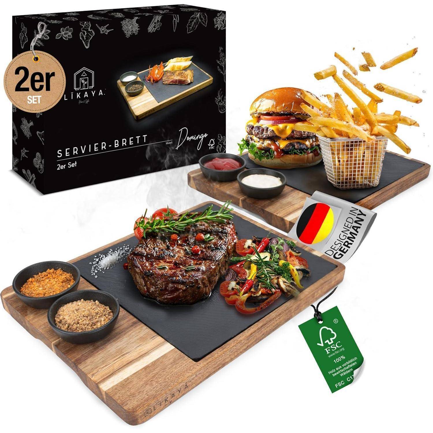 Holzbrettersatz mit Darstellung eines Steaks mit Garnierung, Saucen und einem Burger mit Pommes. Enthält deutsche Flagge, die die Herkunft anzeigt.