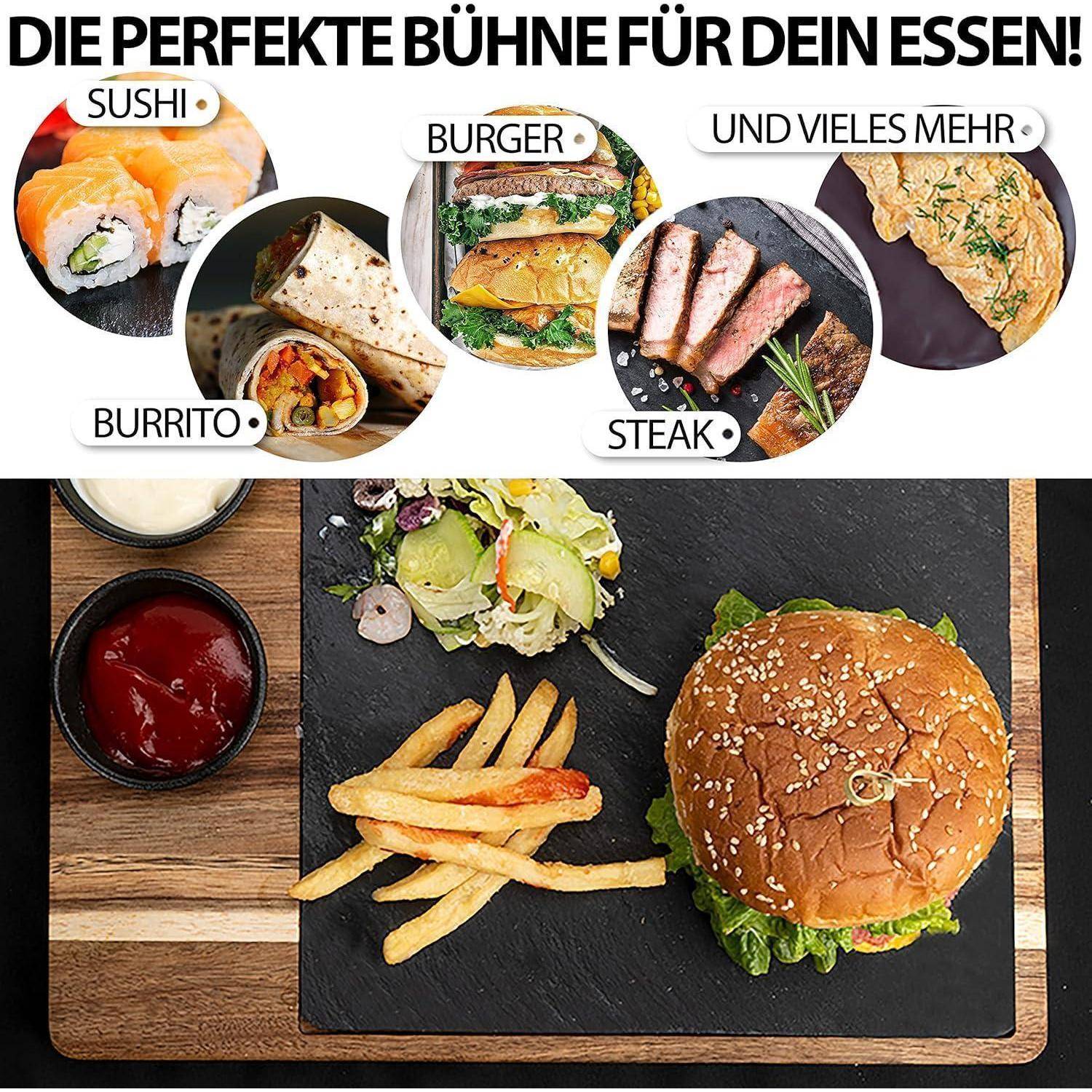 Ein Burger mit Pommes und Salat auf einem Schieferplatte. Darüber zeigen Kreise verschiedene Lebensmittel wie Sushi, Burrito, Steak und Omelette mit dem Text „Die perfekte Bühne für dein Essen!