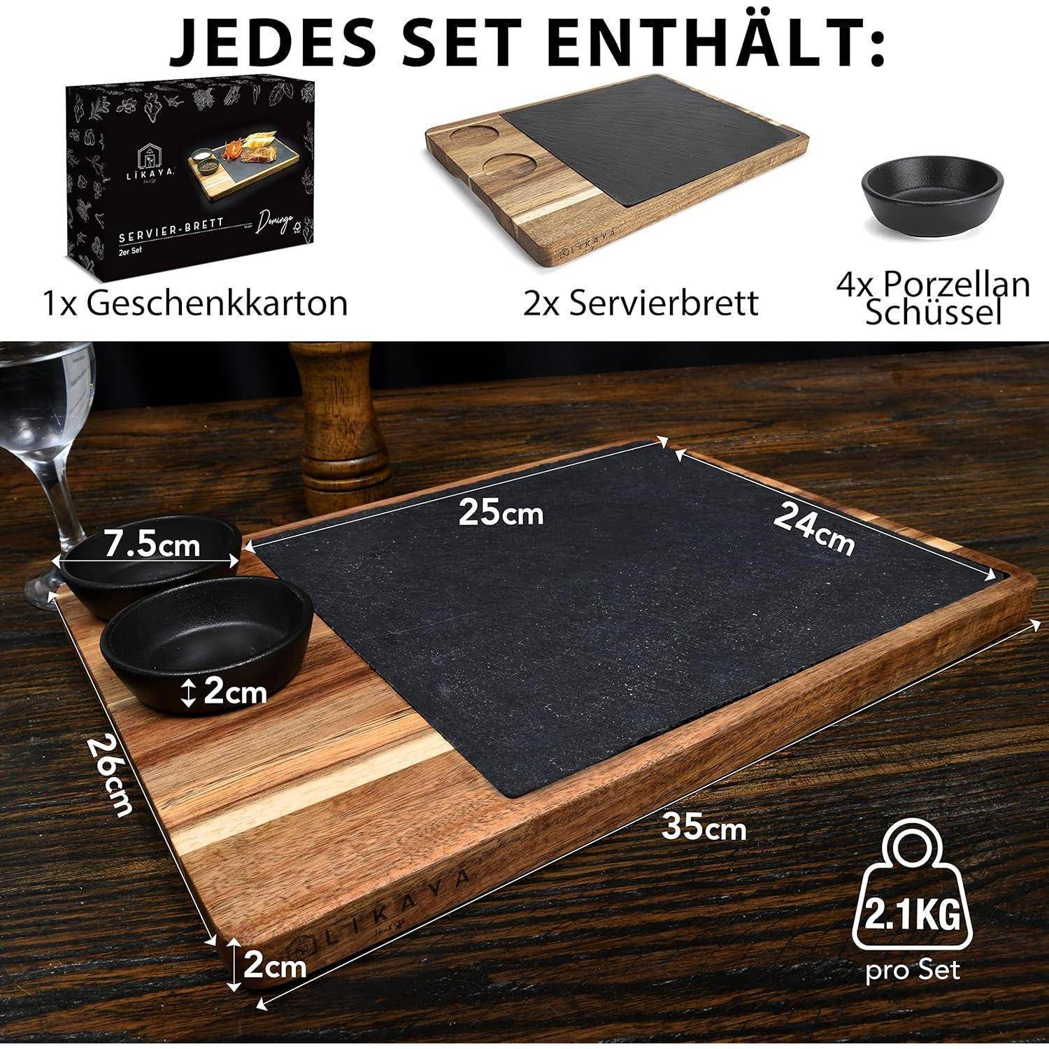 Jedes Set enthält: 1x Geschenkkarton, 2x Servierbrett, 4x Porzellanschüssel. Bild eines Holz-Servierbretts mit angezeigten Abmessungen.