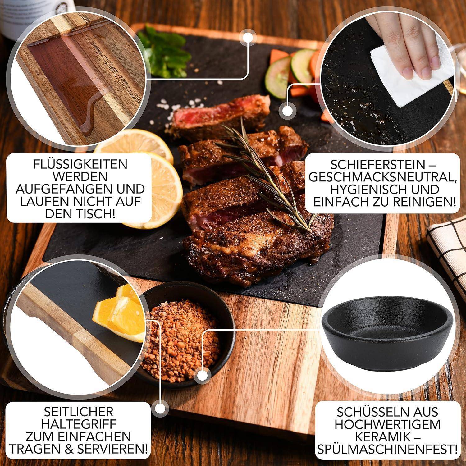 Ein Steak mit Beilagen auf einem Holzbrett; der Text beschreibt Merkmale wie integrierte Schüsseln, einfache Reinigung und Verschüttungsschutz zum Servieren.