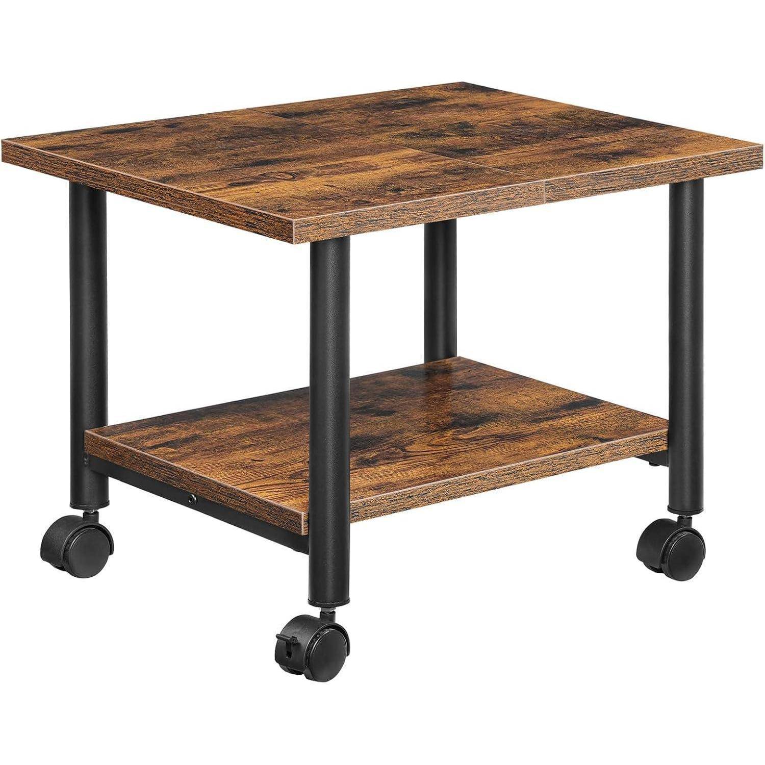 Rollbarer Holzbeistelltisch mit dunklen Metallbeinen und zwei Regalbrettern.