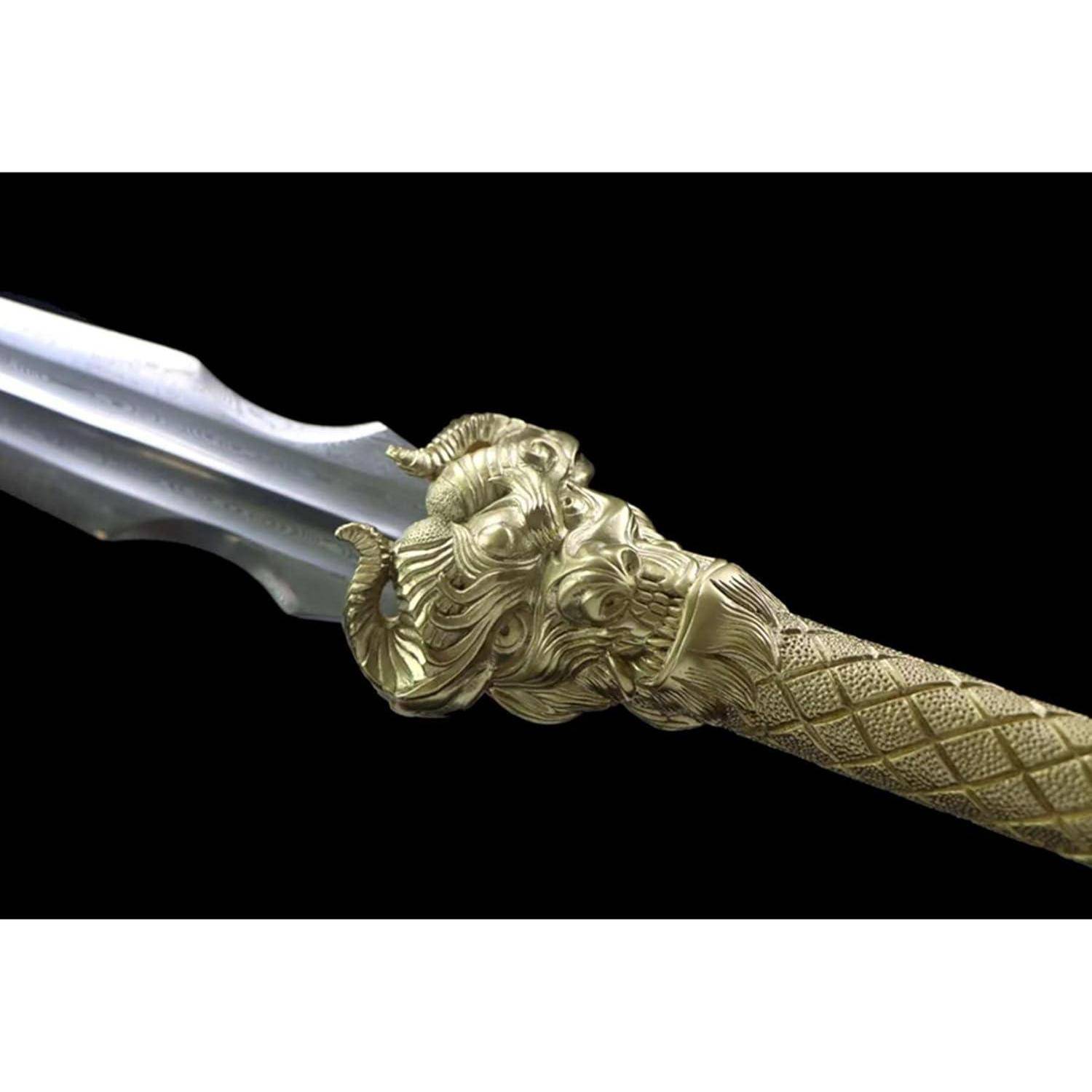 Ein prachtvolles Schwert zeichnet sich durch einen aufwendig gestalteten goldenen Griff mit einem kunstvollen Design aus Schlange und Löwe aus, der zu einer scharfen, silbernen Klinge führt.