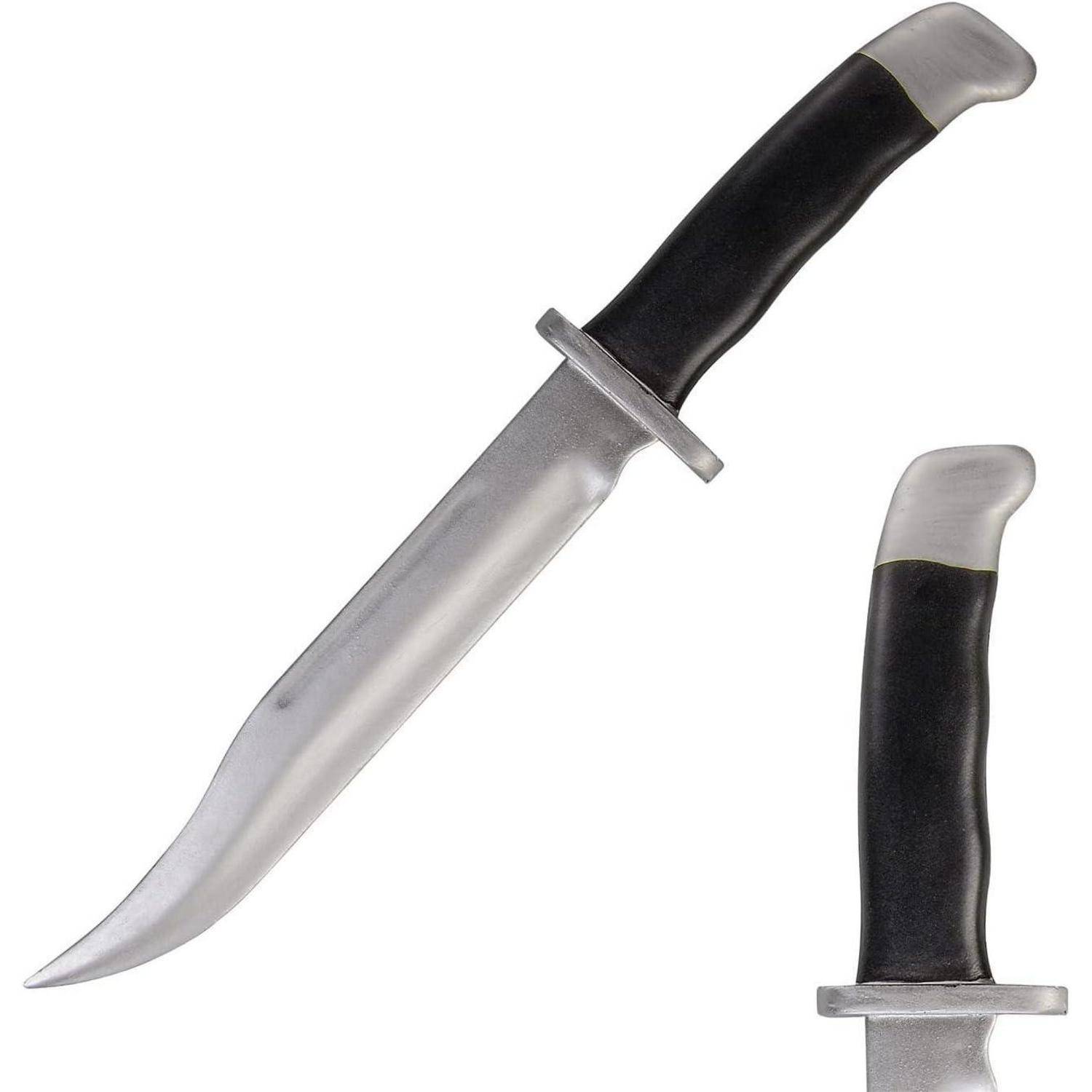Ein Jagdmesser mit einer silbernen Klinge und einem schwarzen Griff mit einem silbernen Streifen. Das Messer wird aus zwei verschiedenen Blickwinkeln dargestellt.