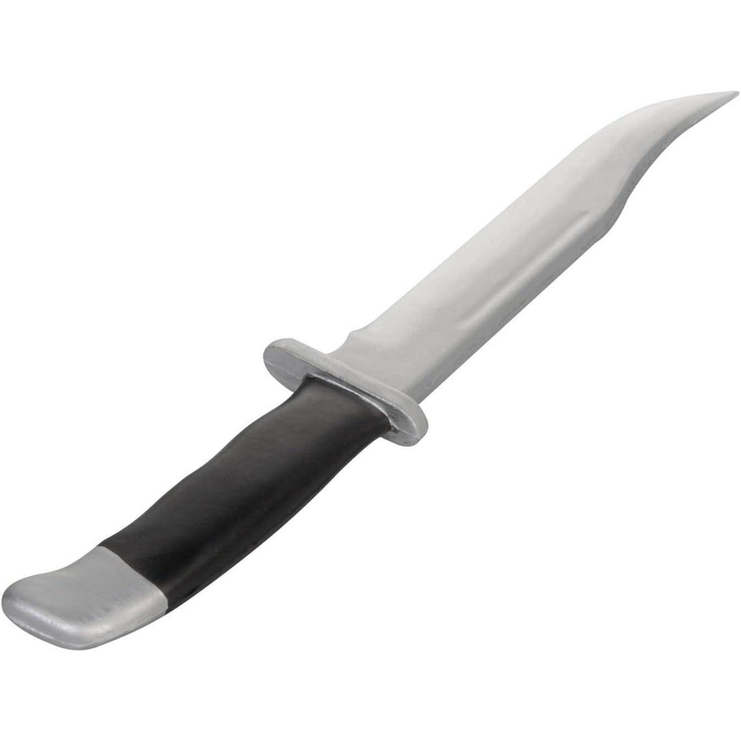 Ein Jagdmesser mit silberner Klinge und schwarzem Griff, diagonal auf weißem Hintergrund angewinkelt.