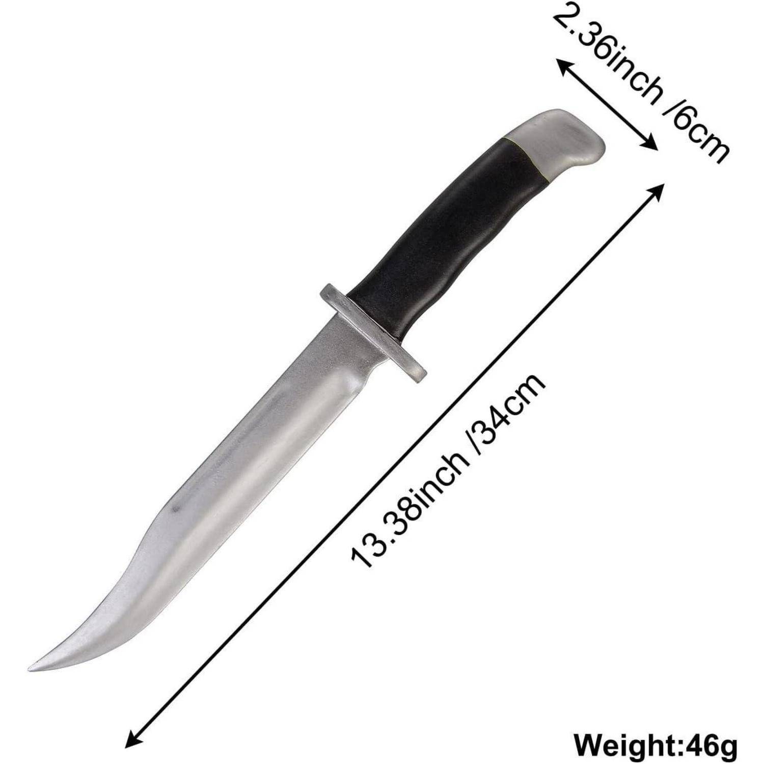 Ein Messer mit schwarzem Griff wird mit folgenden Abmessungen gezeigt: 13,38 Zoll (34 cm) Länge, 2,36 Zoll (6 cm) Breite. Gewicht: 46g.