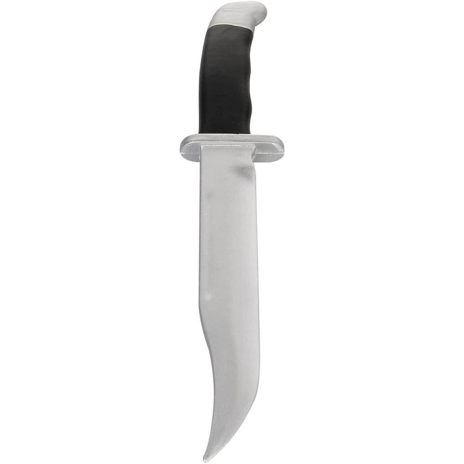 Ein großes Jagdmesser mit einer gekrümmten silbernen Klinge und einem schwarzen, strukturierten Griff, vertikal auf weißem Hintergrund positioniert.