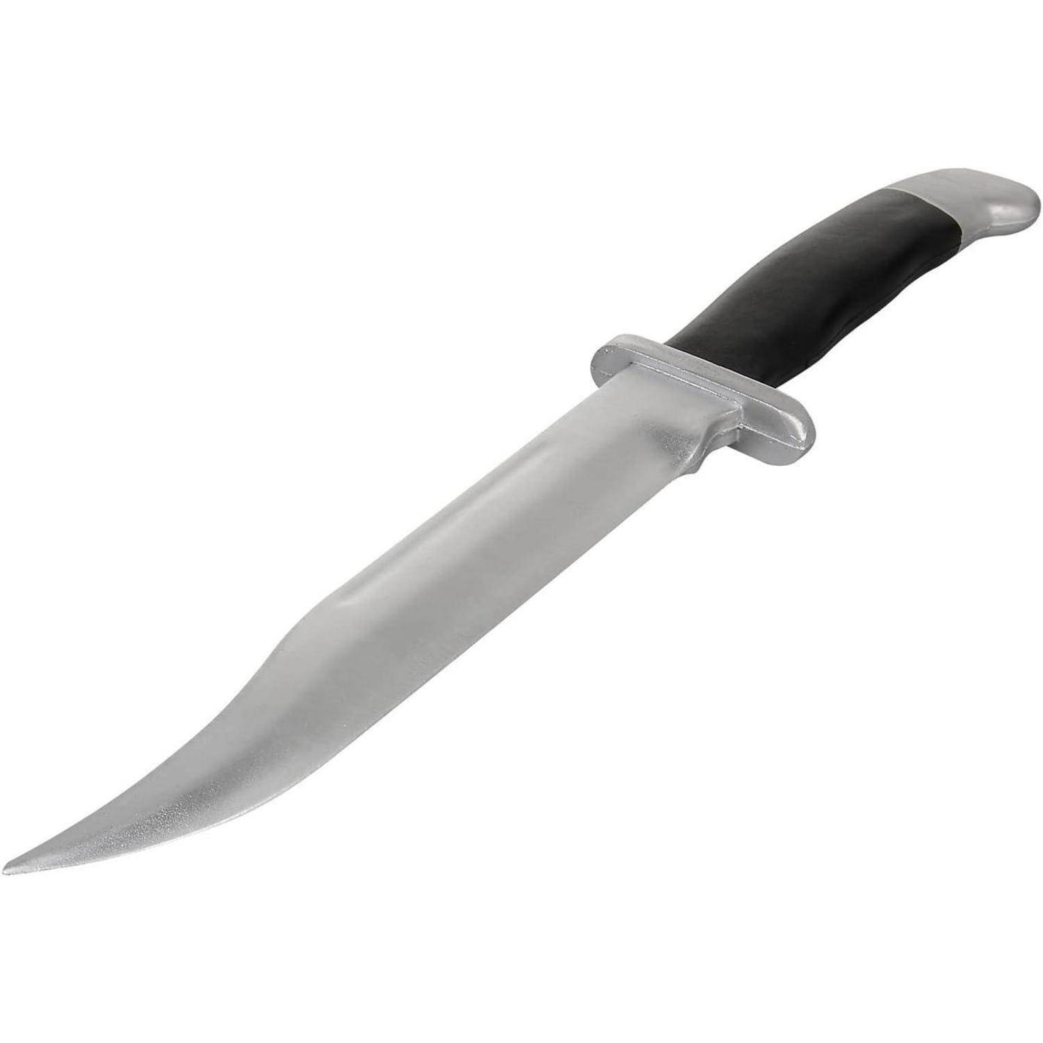 Ein scharfes Jagdmesser mit silberner Klinge und schwarzem Griff, nach rechts geneigt, auf einem einfachen weißen Hintergrund.