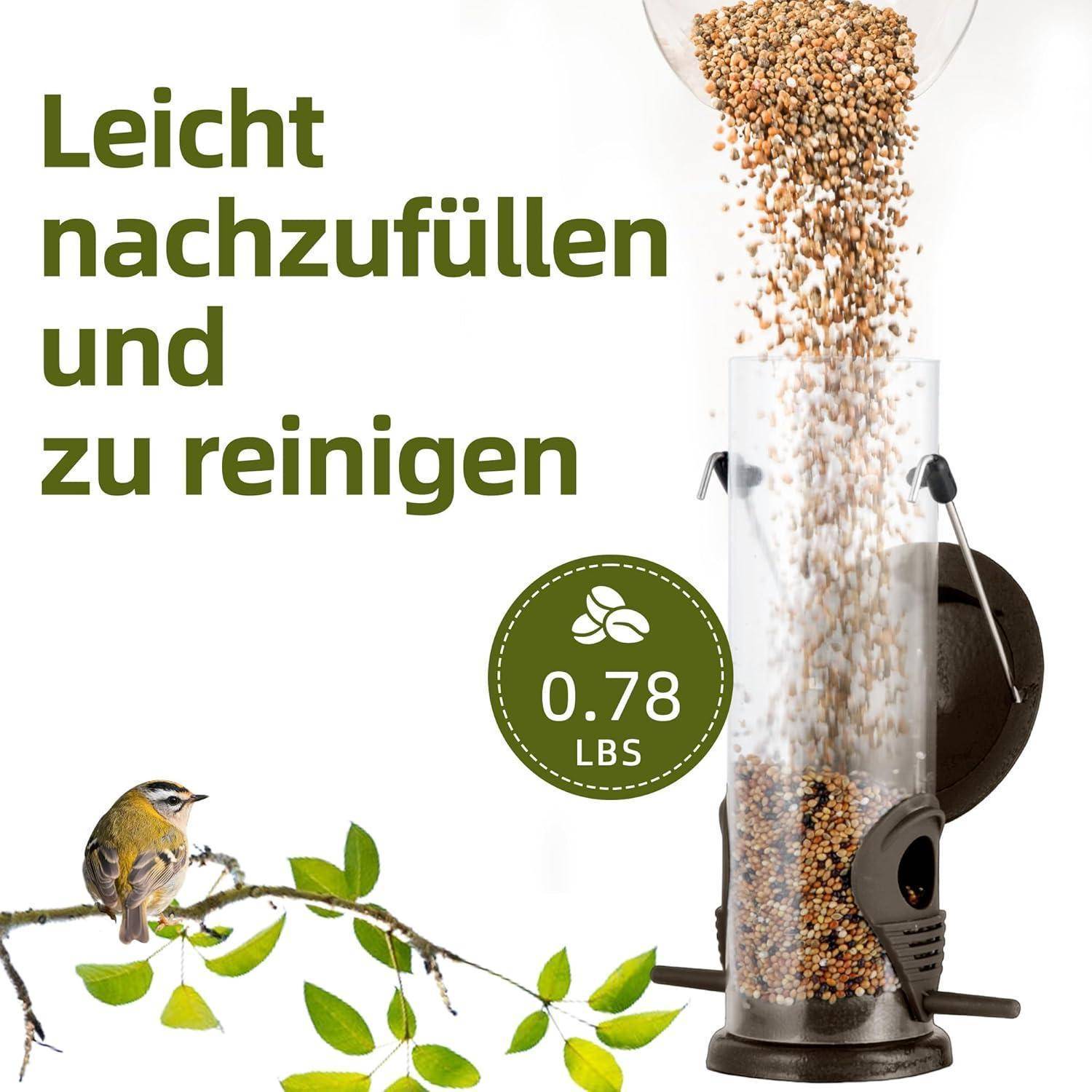 Ein Vogel, der auf einem Ast in der Nähe einer Röhrenvogelfütterung sitzt, aus der Samen einlaufen. Der Text lautet „Leicht nachzufüllen und zu reinigen